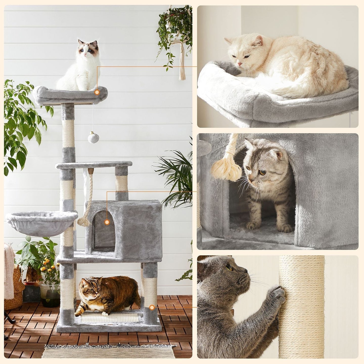 Cat Tree - Plush Fabric - Light Grey - Activity Center with Scratching Posts