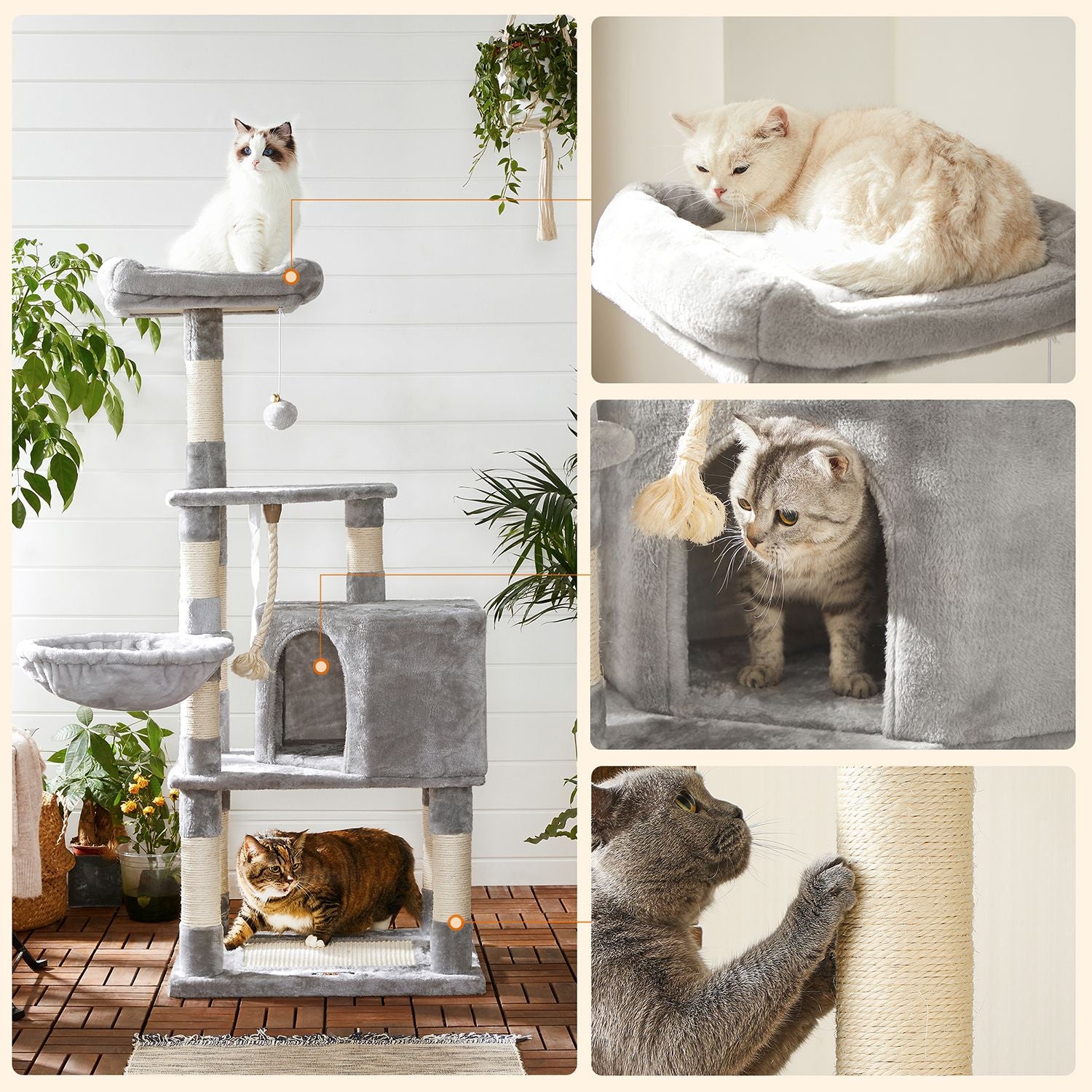 Upper Perch Cat Tree - Particleboard and Plush - Light Grey