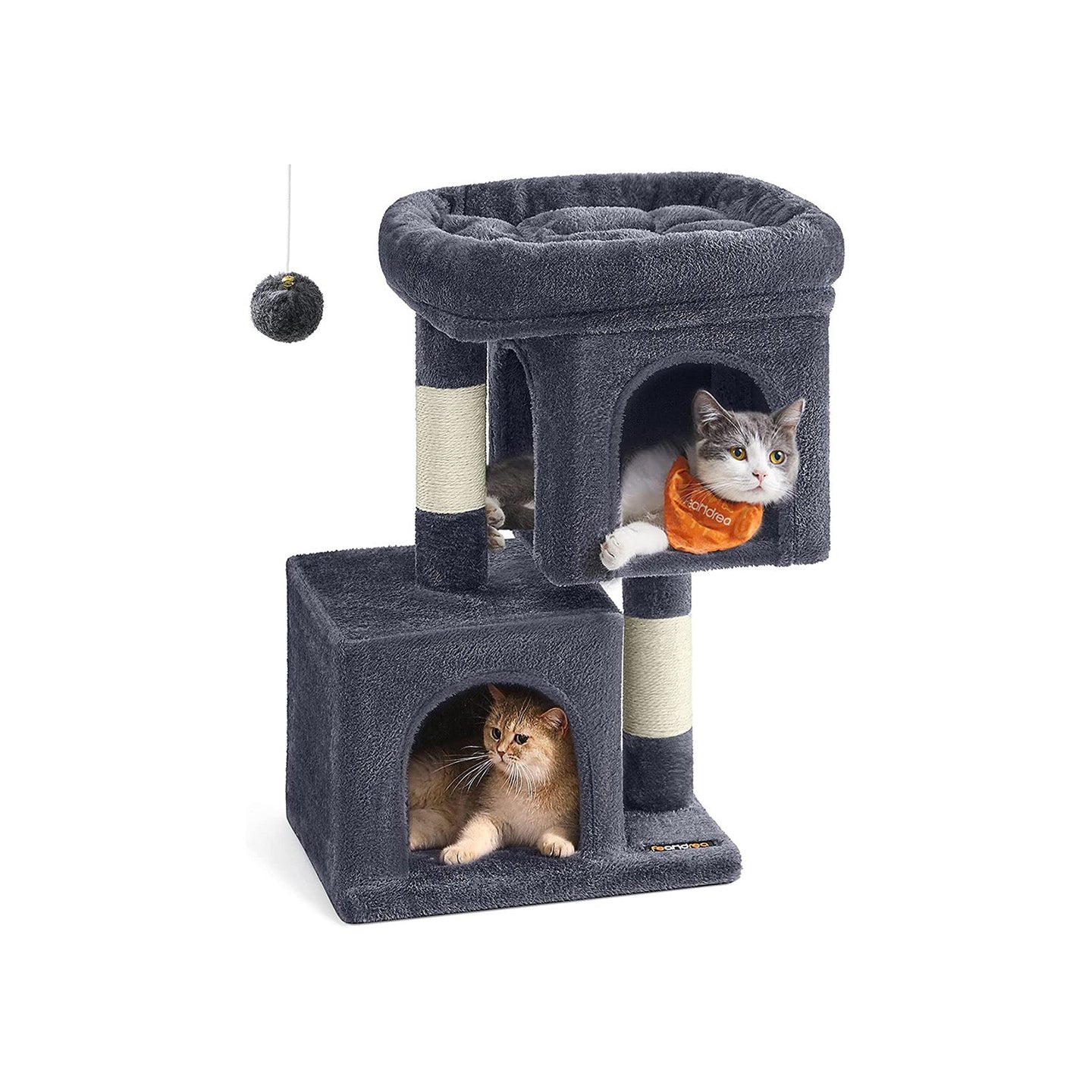 Cat Condo - Engineered Wood - Light Grey - Large Cat Perch with 2 Cat Caves and Scratching Post