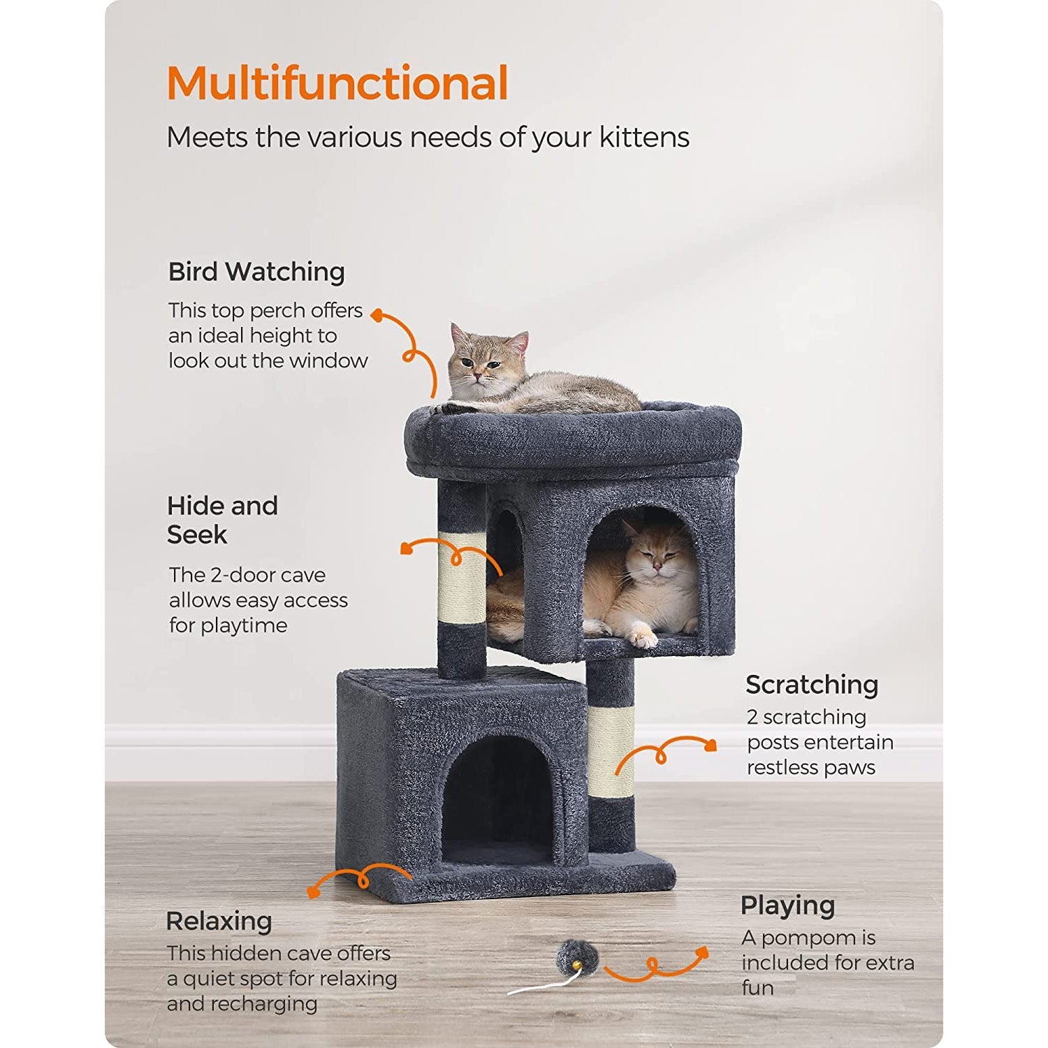 Cat Condo - Engineered Wood - Light Grey - Large Cat Perch with 2 Cat Caves and Scratching Post