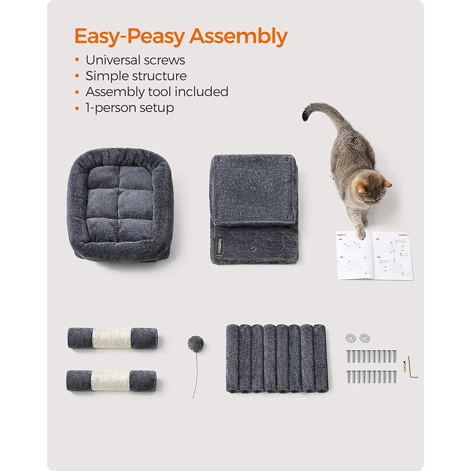 Cat Condo - Engineered Wood - Light Grey - Large Cat Perch with 2 Cat Caves and Scratching Post
