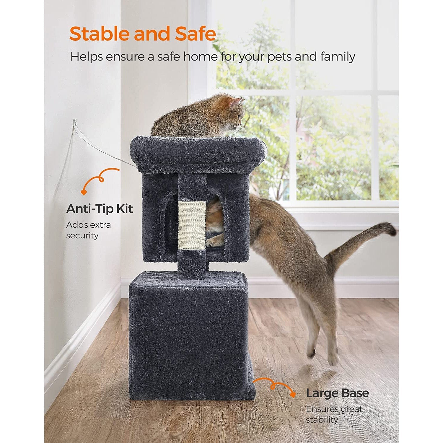 Cat Condo - Engineered Wood - Light Grey - Large Cat Perch with 2 Cat Caves and Scratching Post