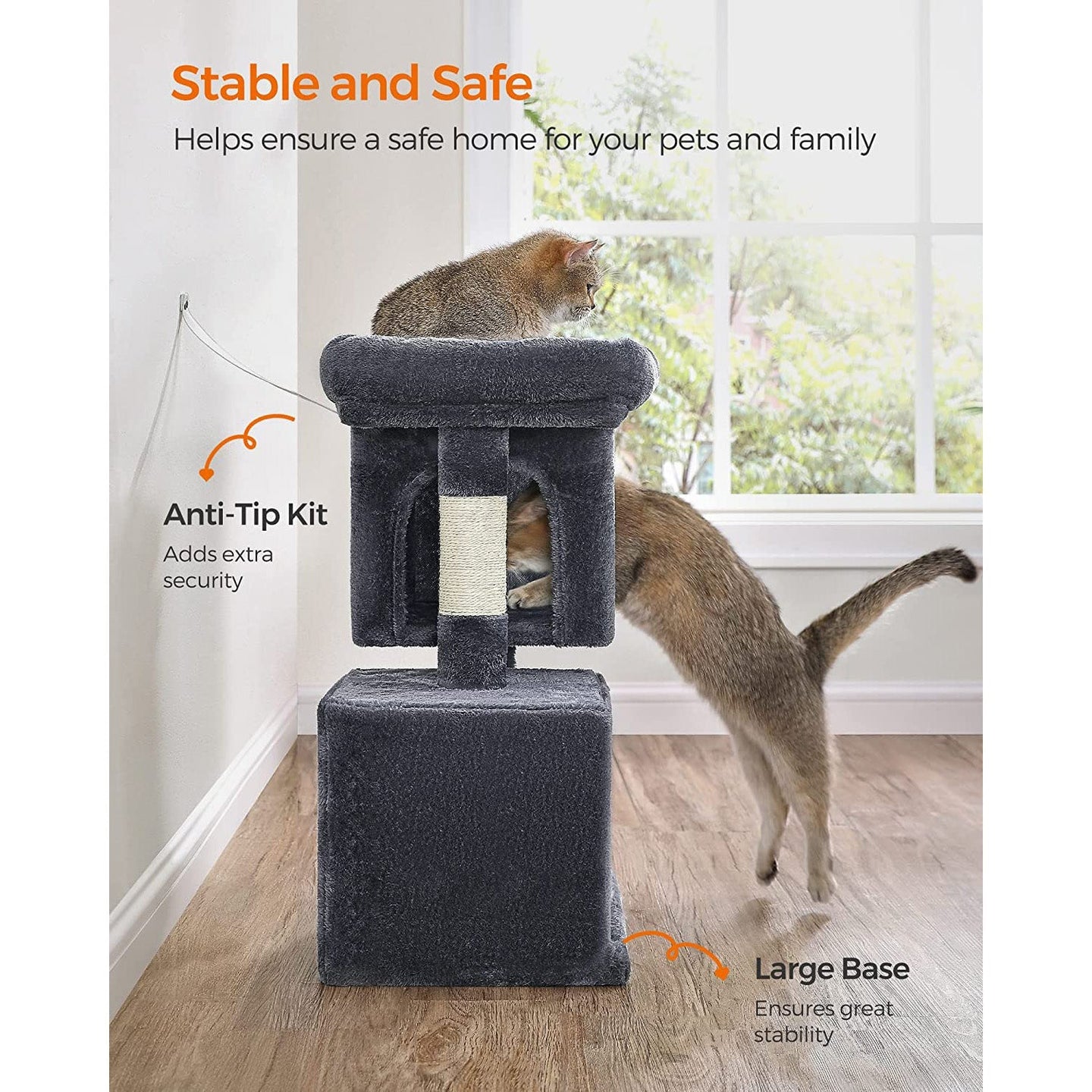 Cat Condo - Engineered Wood - Light Grey - Large Cat Perch with 2 Cat Caves and Scratching Post