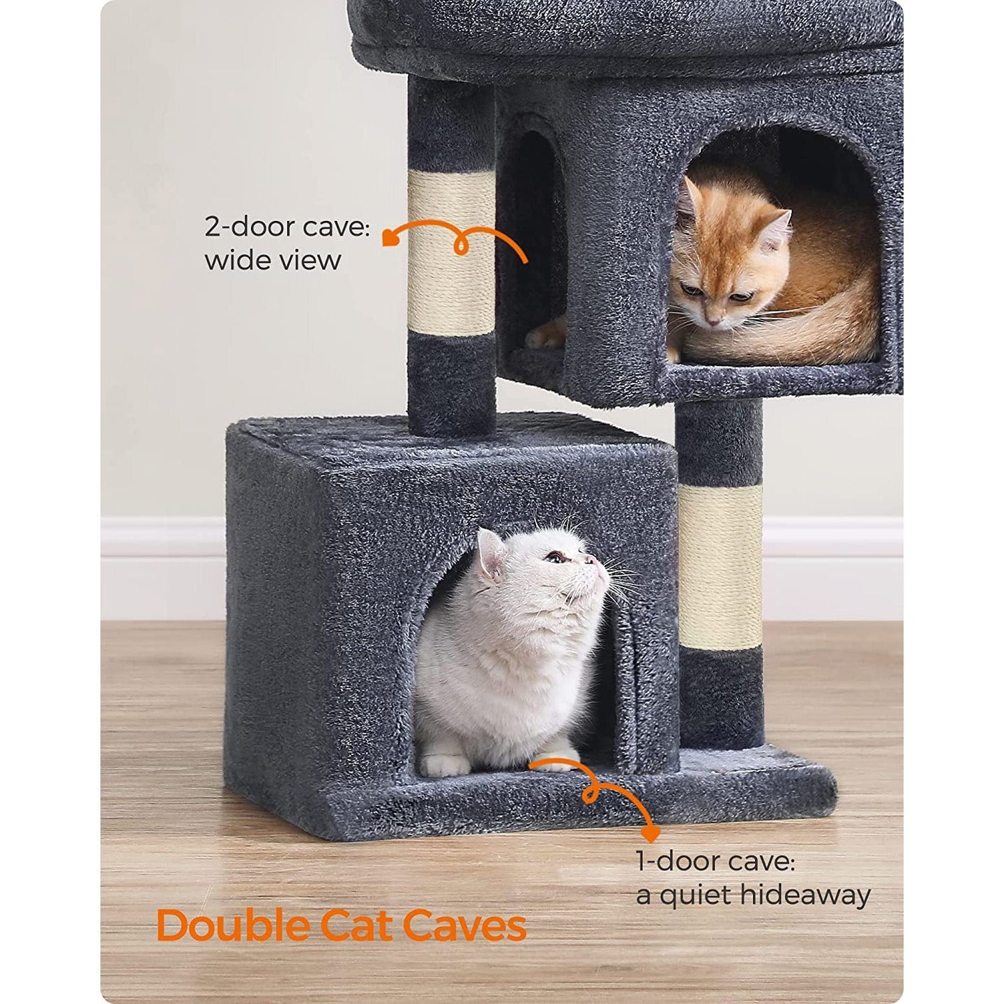 Cat Condo - Engineered Wood - Light Grey - Large Cat Perch with 2 Cat Caves and Scratching Post
