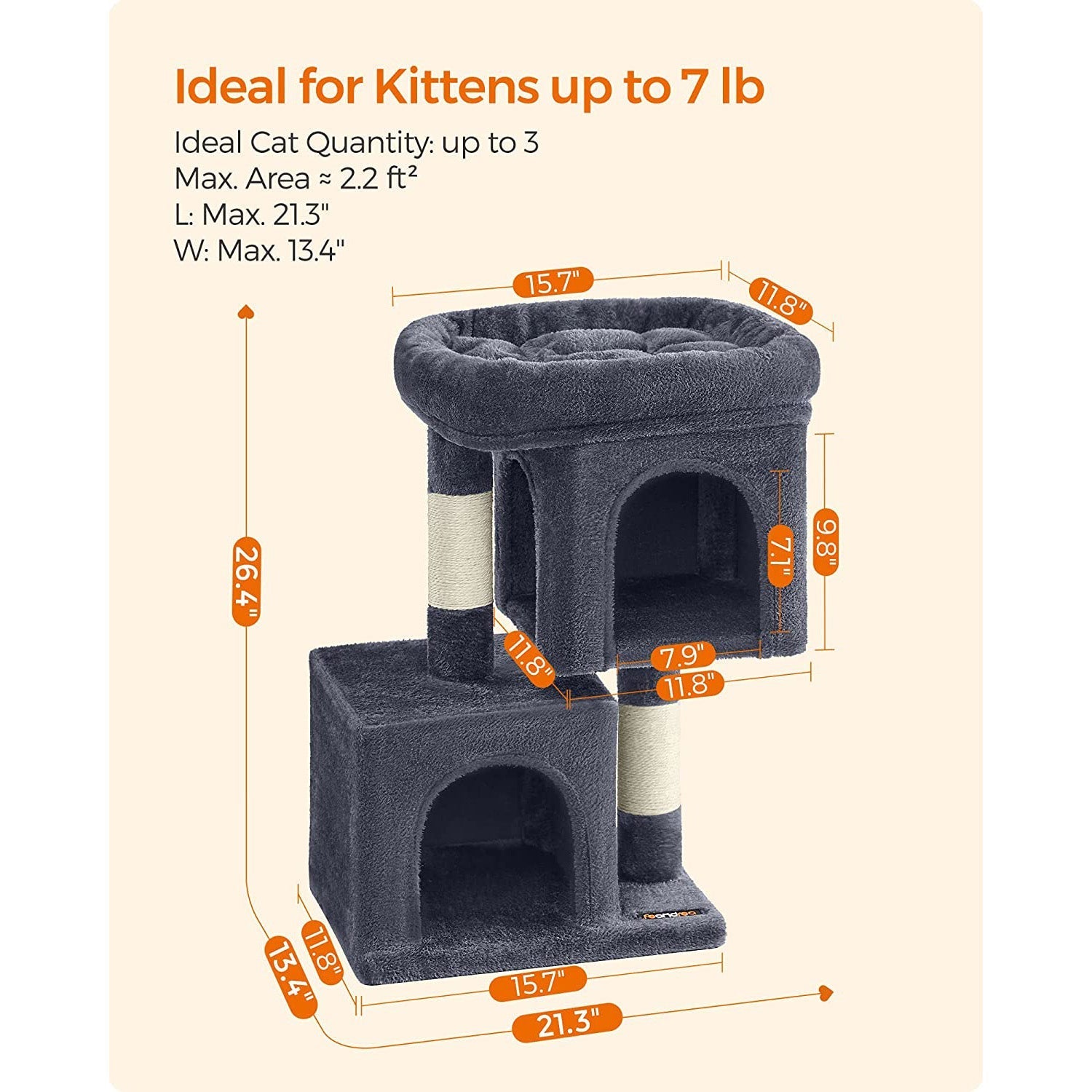 Cat Condo - Engineered Wood - Light Grey - Large Cat Perch with 2 Cat Caves and Scratching Post