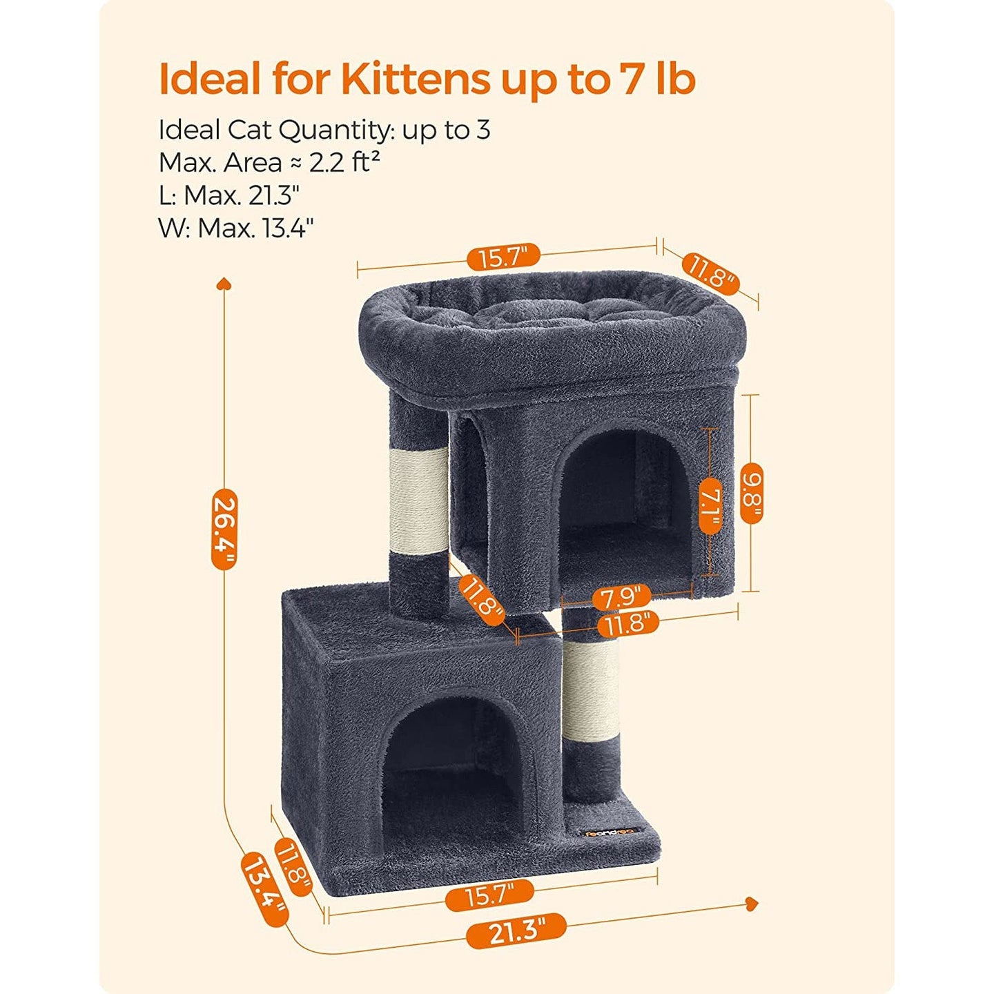 Cat Condo - Engineered Wood - Light Grey - Large Cat Perch with 2 Cat Caves and Scratching Post