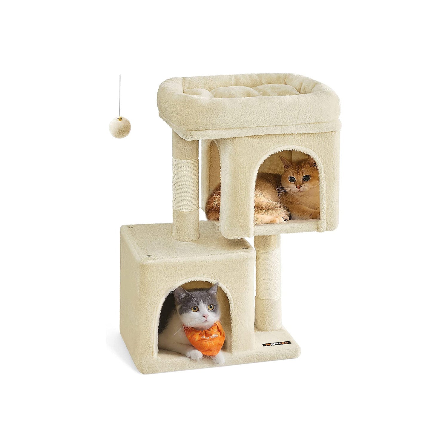 Cat Condo - Engineered Wood - Light Grey - Large Cat Perch with 2 Cat Caves and Scratching Post