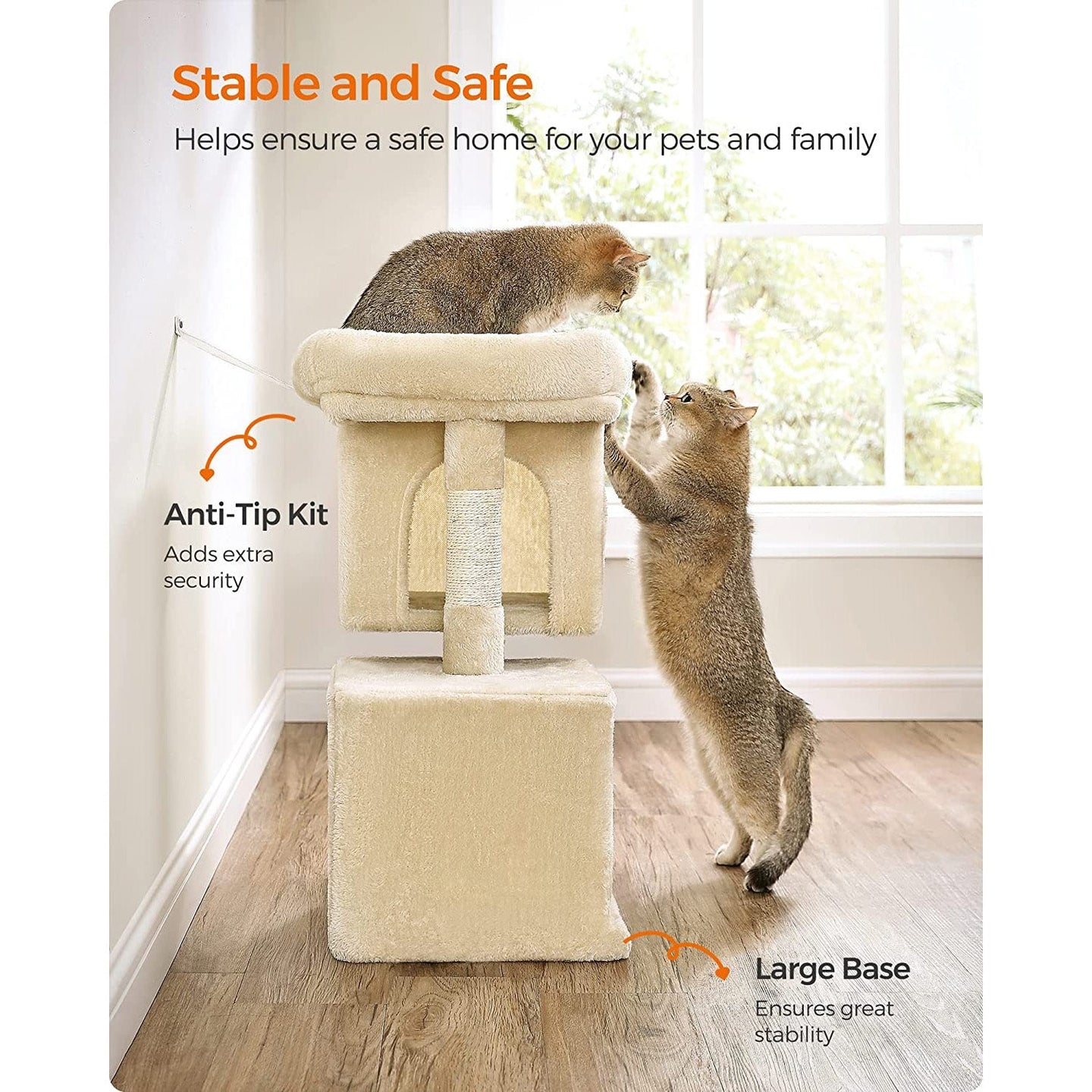 Cat Condo - Engineered Wood - Light Grey - Large Cat Perch with 2 Cat Caves and Scratching Post