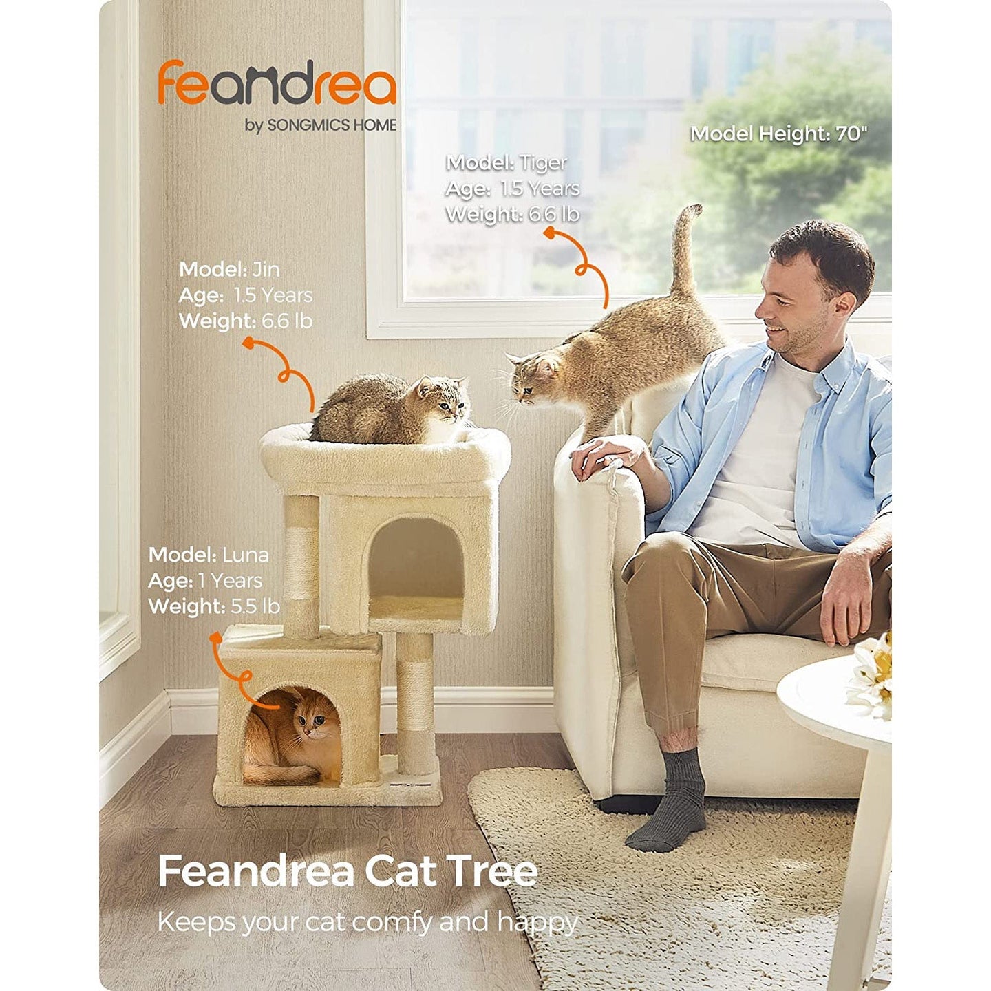 Cat Condo - Engineered Wood - Light Grey - Large Cat Perch with 2 Cat Caves and Scratching Post