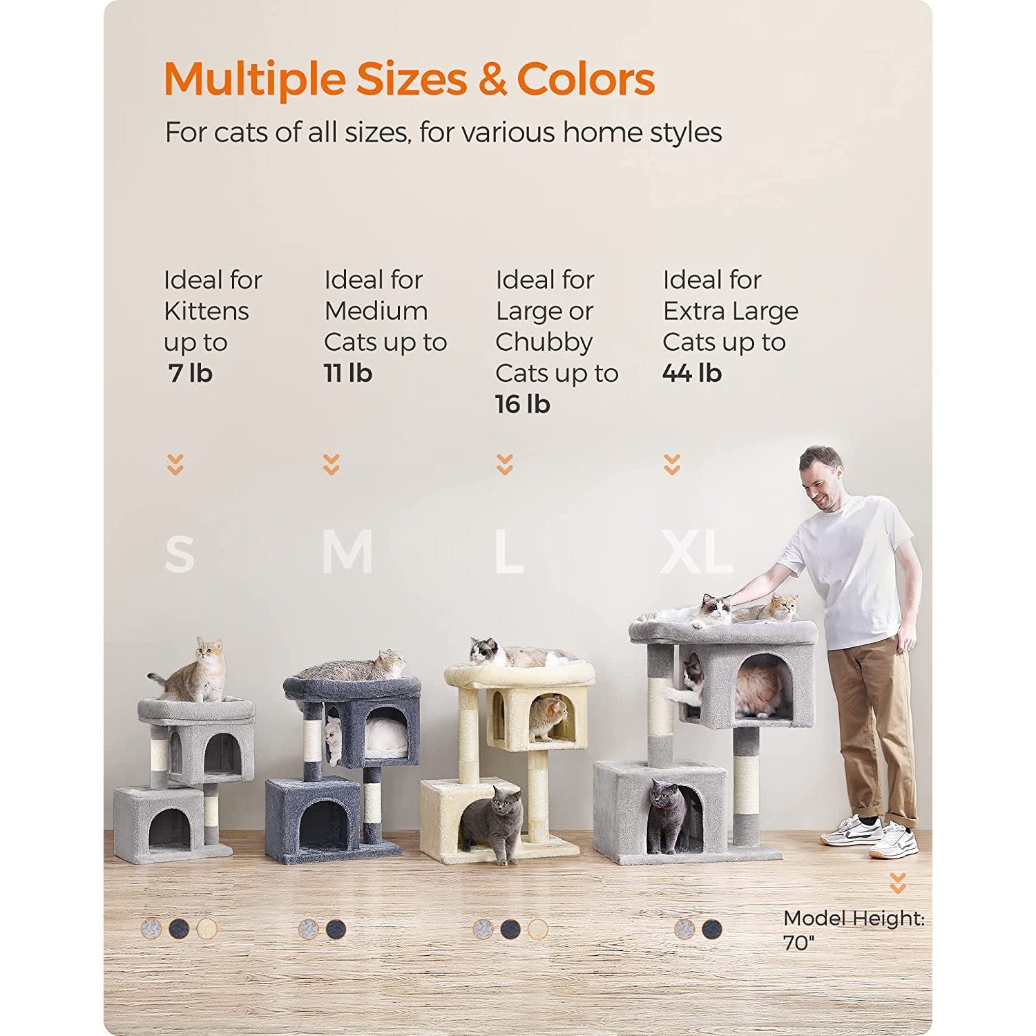 Cat Condo - Engineered Wood - Light Grey - Large Cat Perch with 2 Cat Caves and Scratching Post