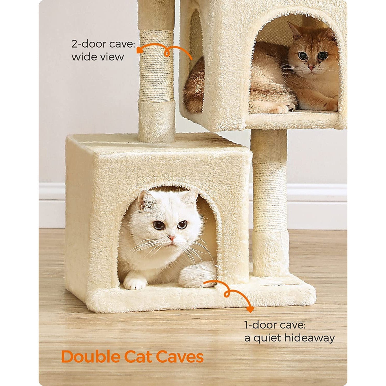 Cat Condo - Engineered Wood - Light Grey - Large Cat Perch with 2 Cat Caves and Scratching Post