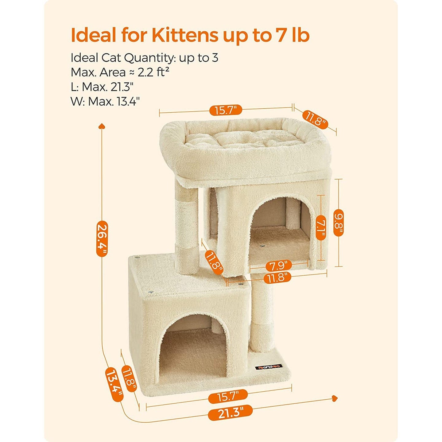 Cat Condo - Engineered Wood - Light Grey - Large Cat Perch with 2 Cat Caves and Scratching Post