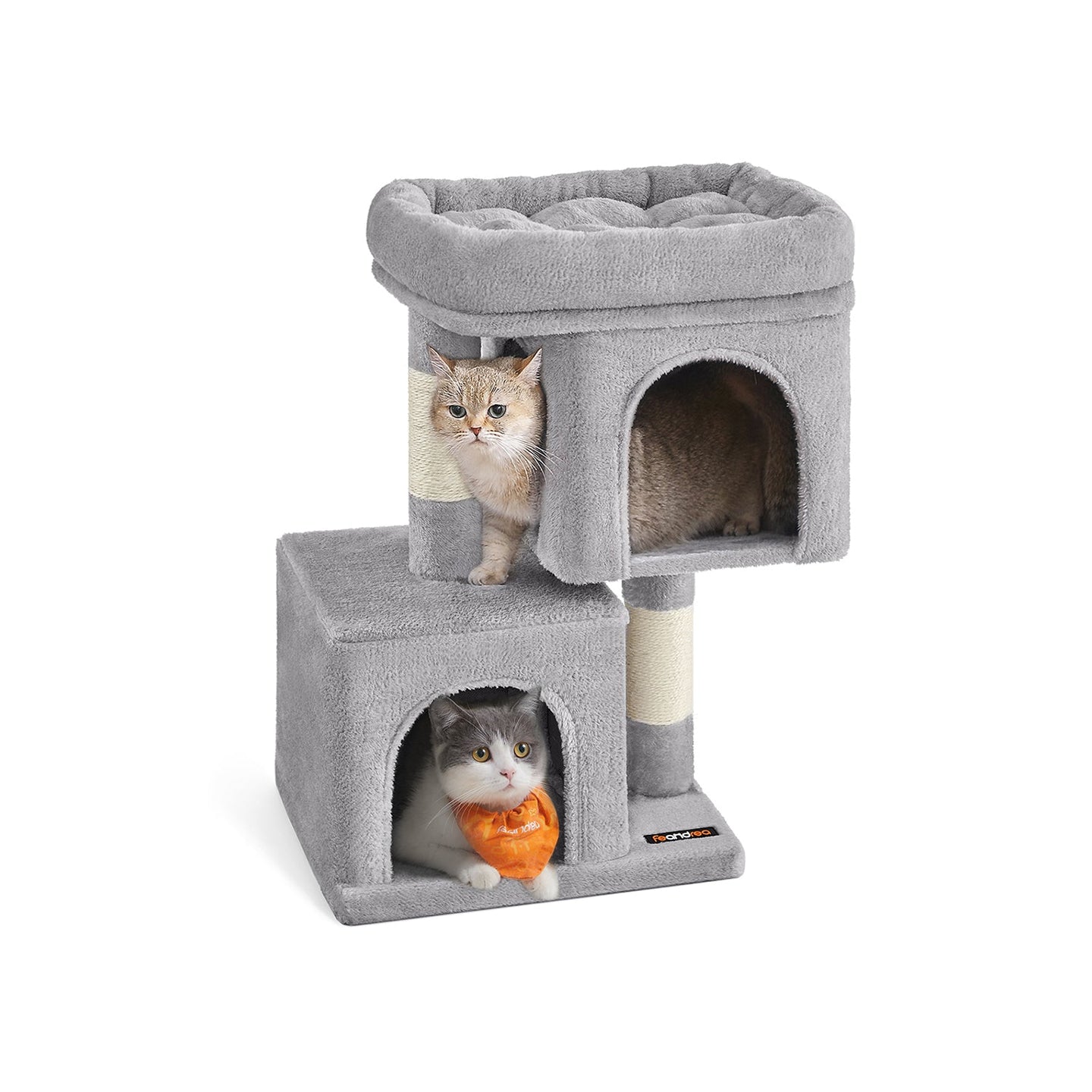 Cat Tree - Wood - Light Grey - 67 cm Height with 2 Cat Caves and Large Perch