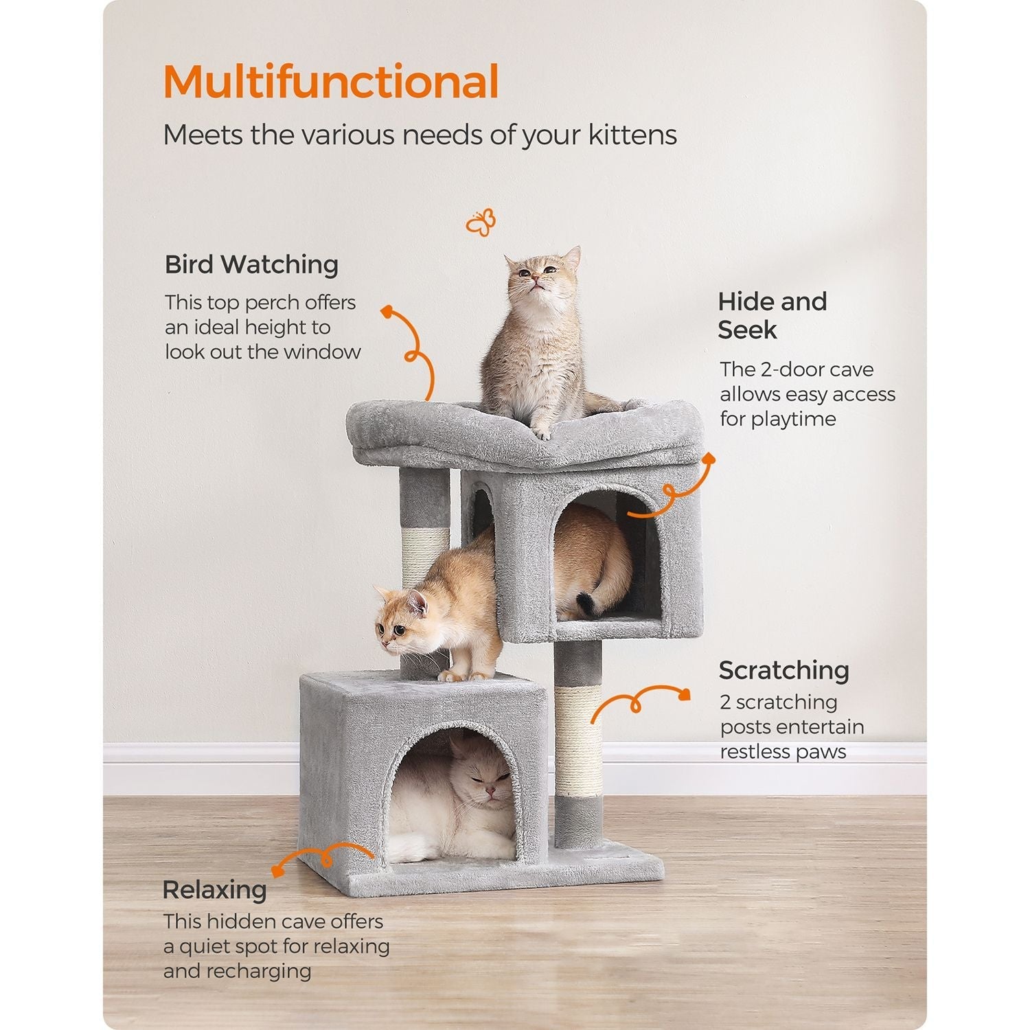 Cat Tree - Wood - Light Grey - 67 cm Height with 2 Cat Caves and Large Perch