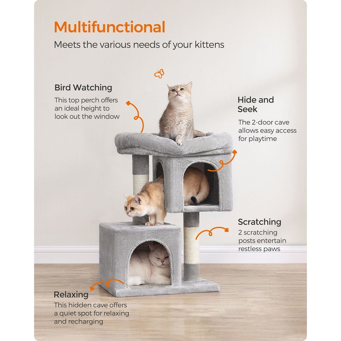 Cat Tree - Wood - Light Grey - 67 cm Height with 2 Cat Caves and Large Perch