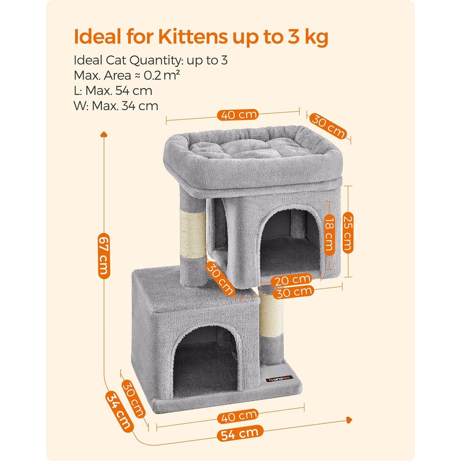 Cat Tree - Wood - Light Grey - 67 cm Height with 2 Cat Caves and Large Perch