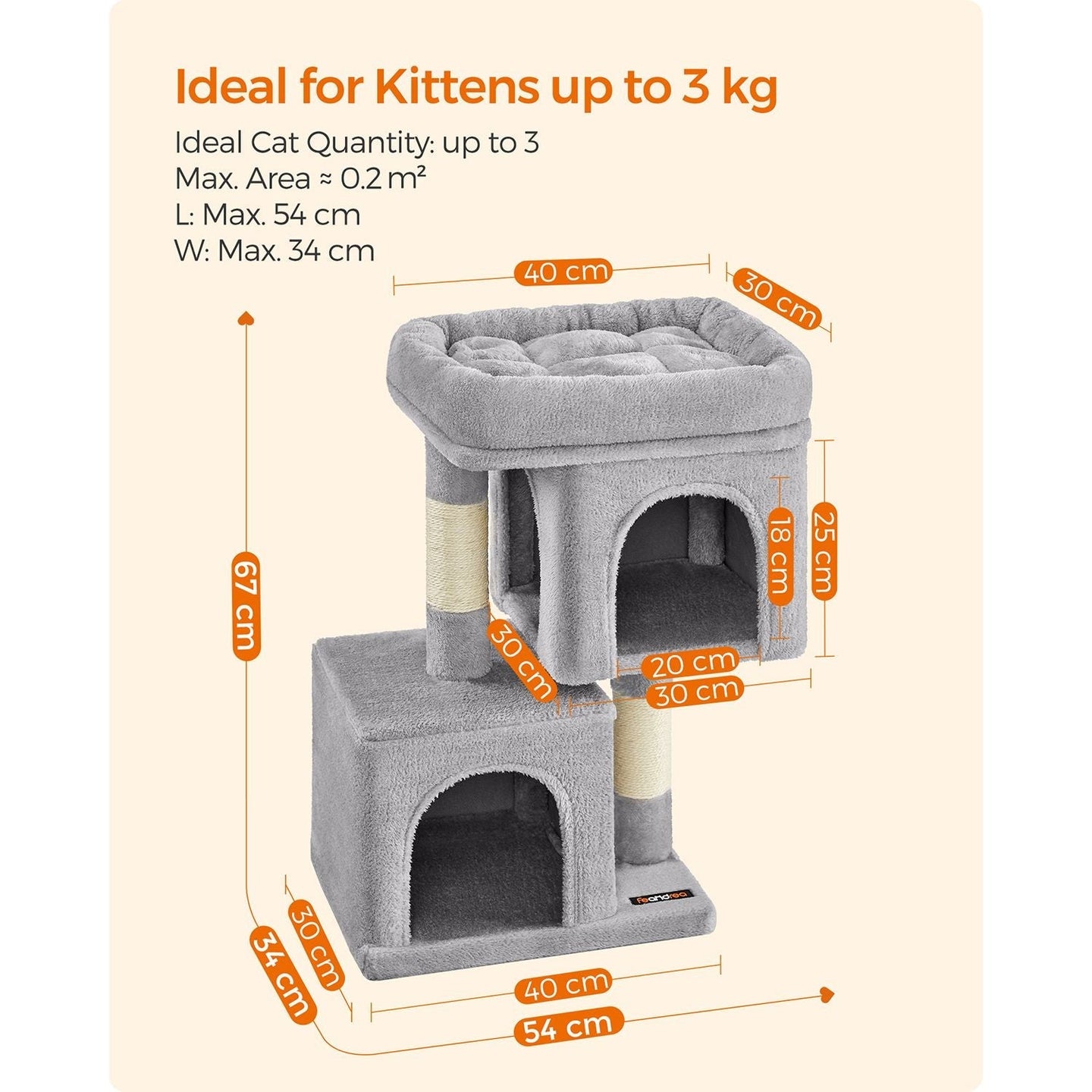 Cat Tree - Wood - Light Grey - 67 cm Height with 2 Cat Caves and Large Perch
