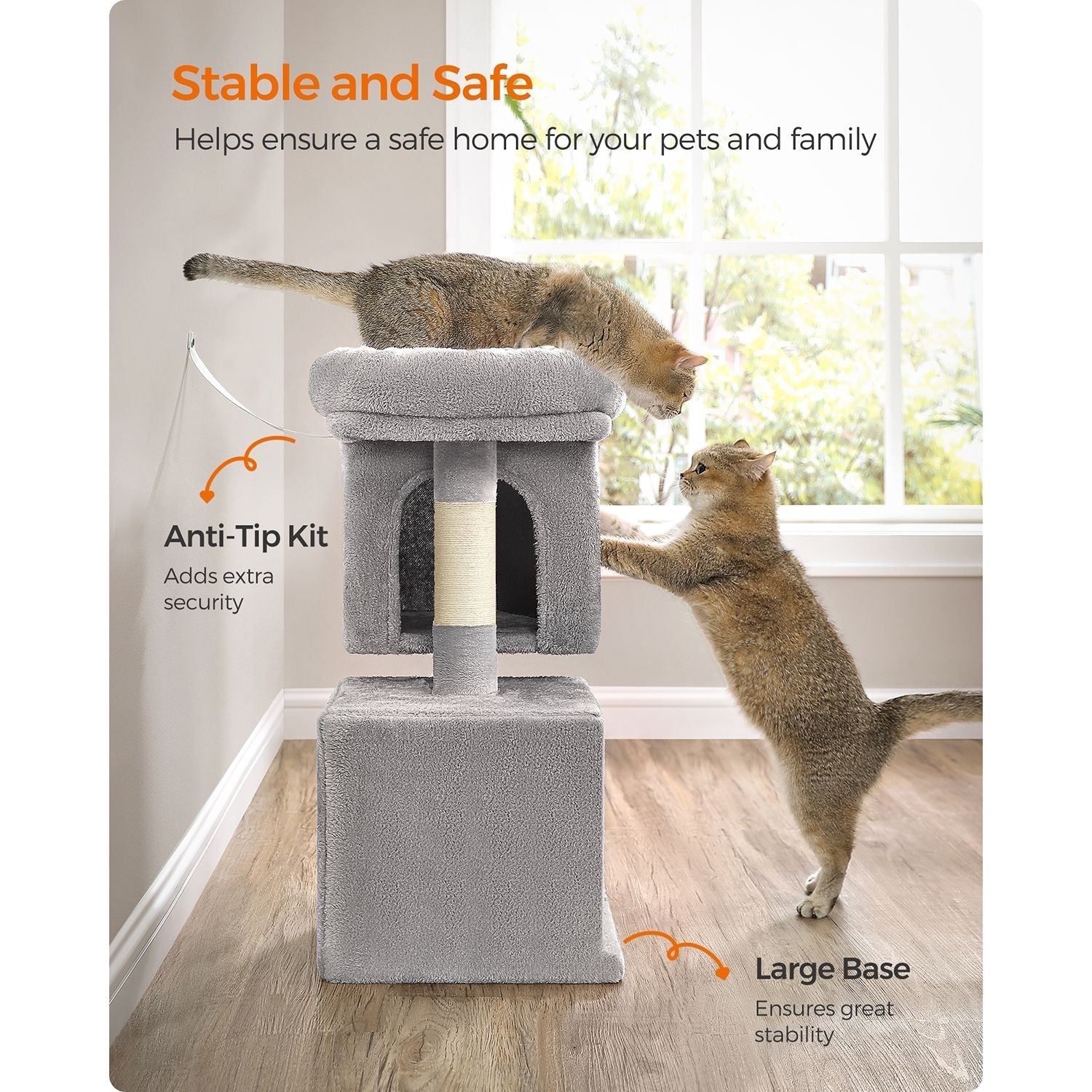 Cat Tree - Wood - Light Grey - 67 cm Height with 2 Cat Caves and Large Perch