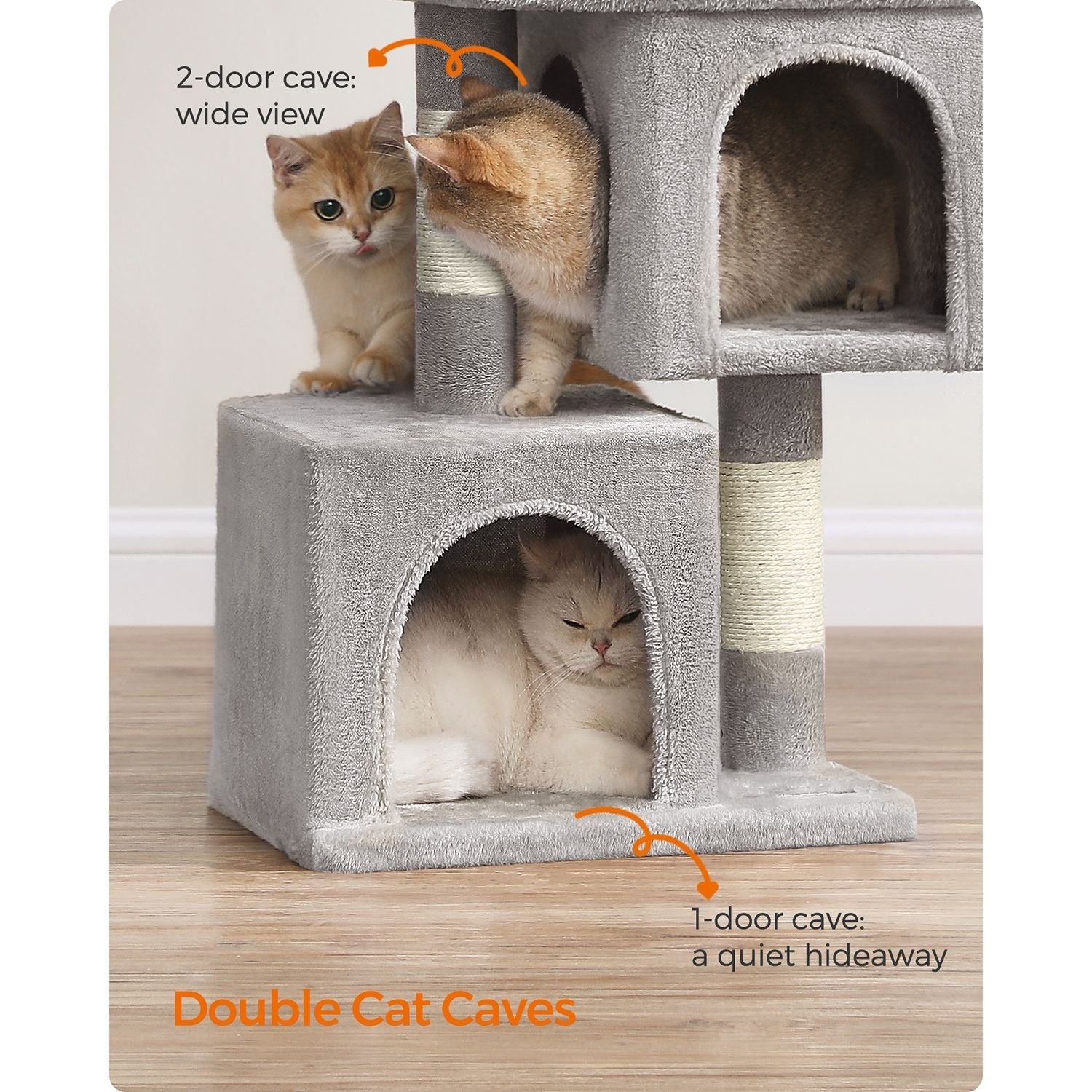 Cat Tree - Wood - Light Grey - 67 cm Height with 2 Cat Caves and Large Perch