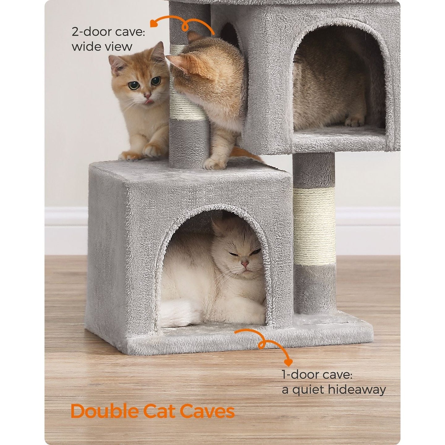 Cat Tree - Wood - Light Grey - 67 cm Height with 2 Cat Caves and Large Perch