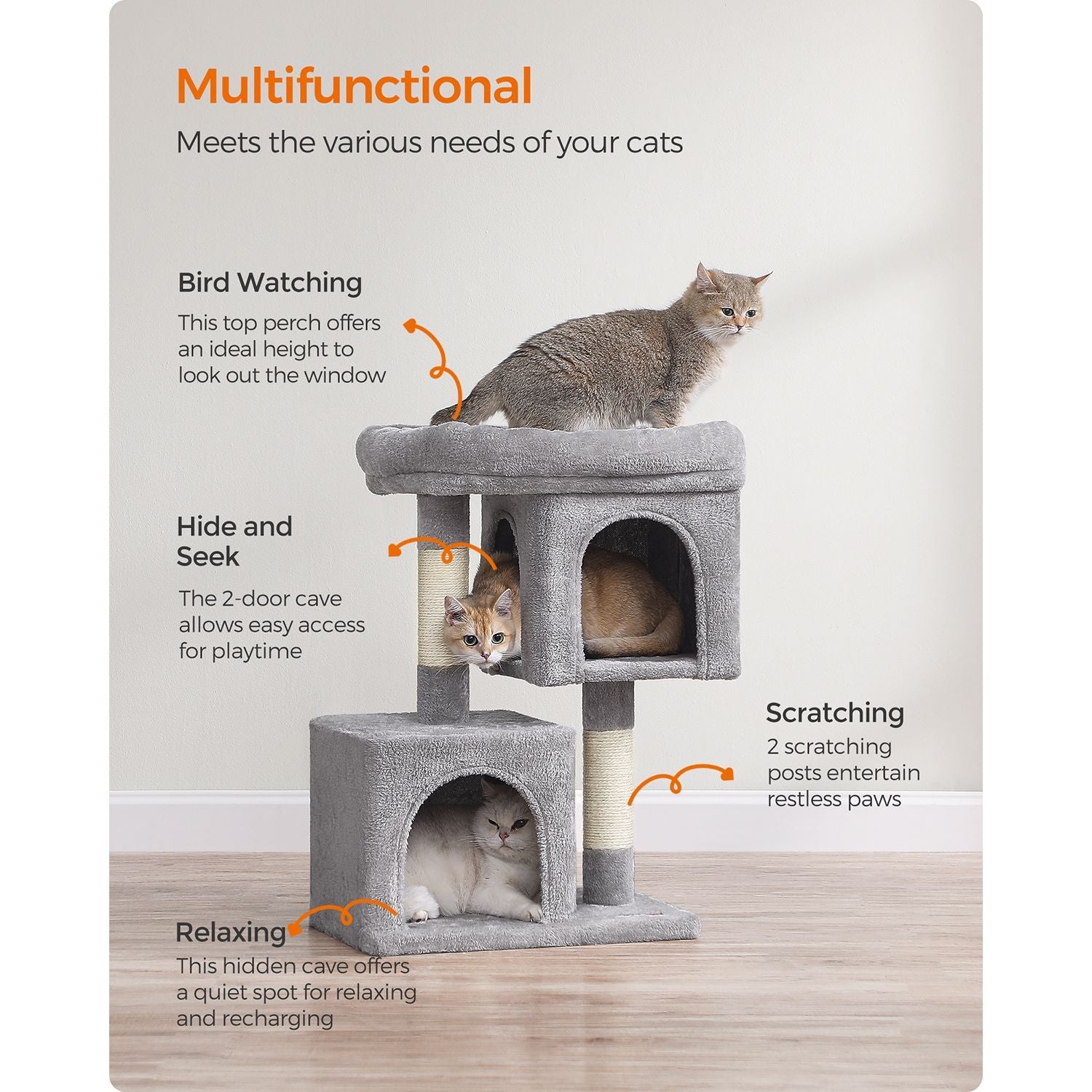 Cat Tree - Engineered Wood - Light Grey - Includes 2 Cat Caves and Scratching Post