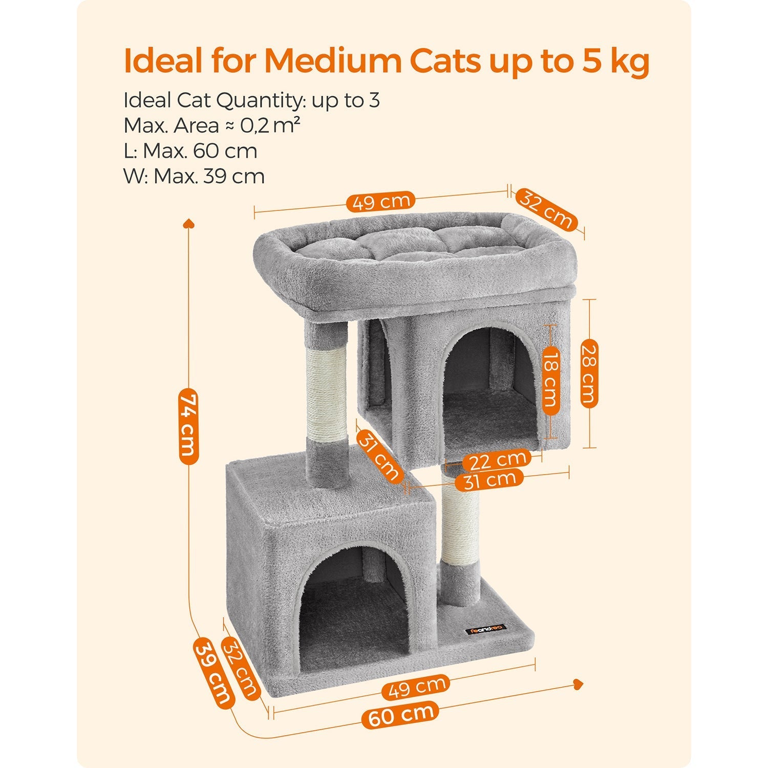 Cat Tree - Engineered Wood - Light Grey - Includes 2 Cat Caves and Scratching Post