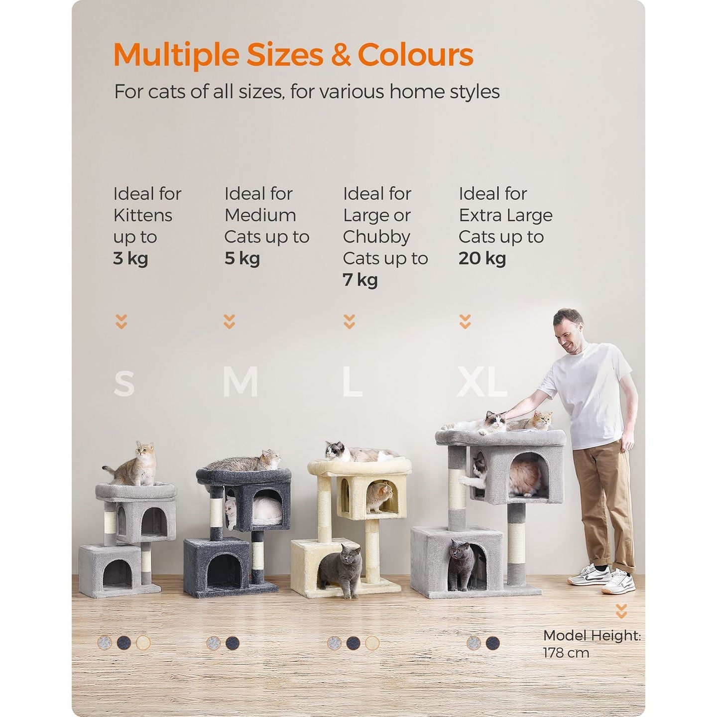 Cat Tree - Engineered Wood - Light Grey - Includes 2 Cat Caves and Scratching Post