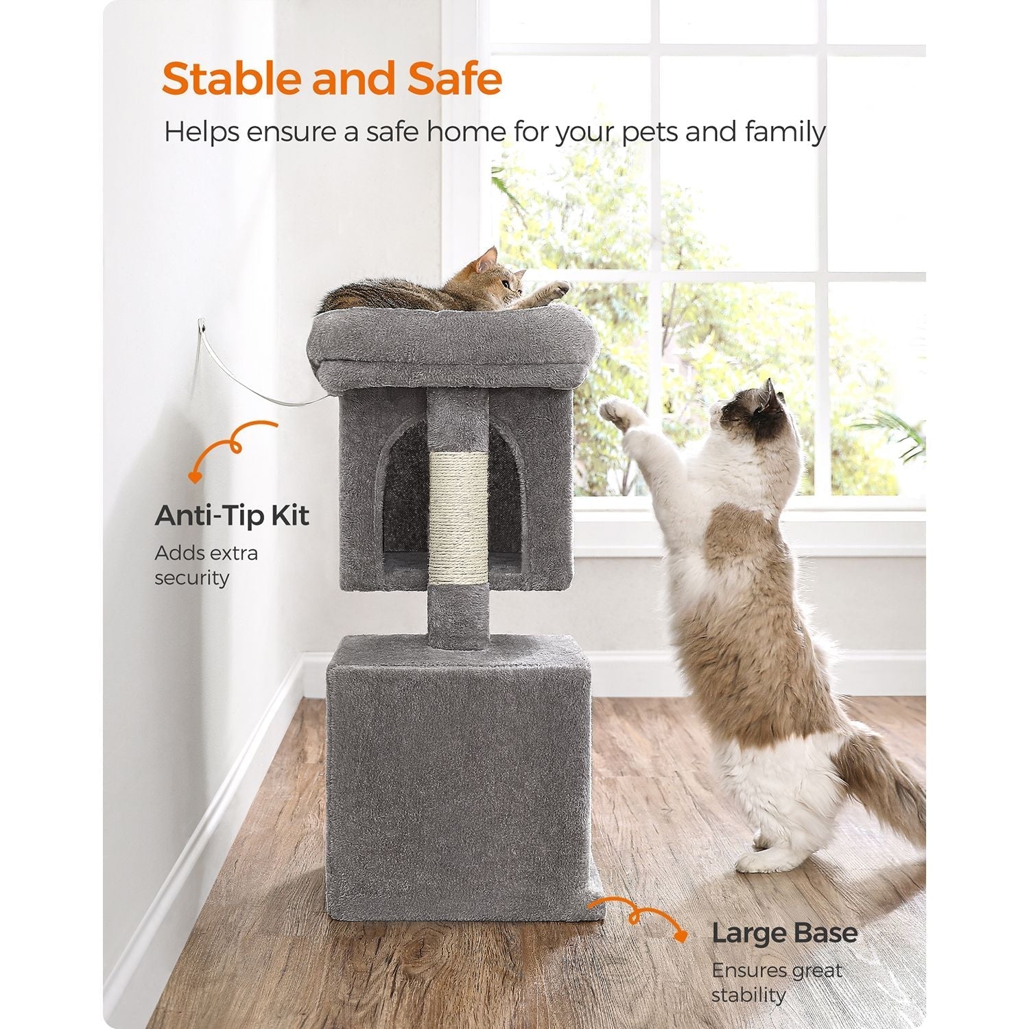 Cat Tree - Engineered Wood - Light Grey - Includes 2 Cat Caves and Scratching Post