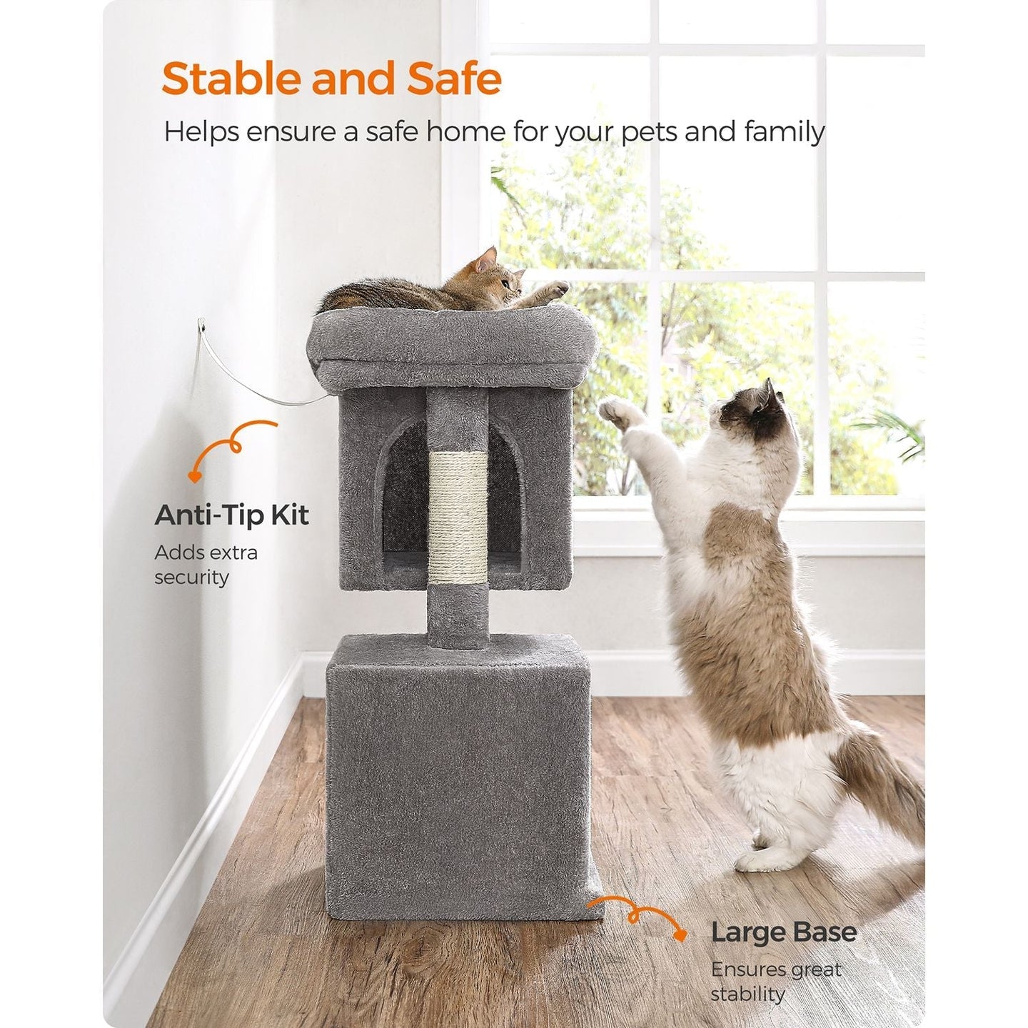 Cat Tree - Engineered Wood - Light Grey - Includes 2 Cat Caves and Scratching Post