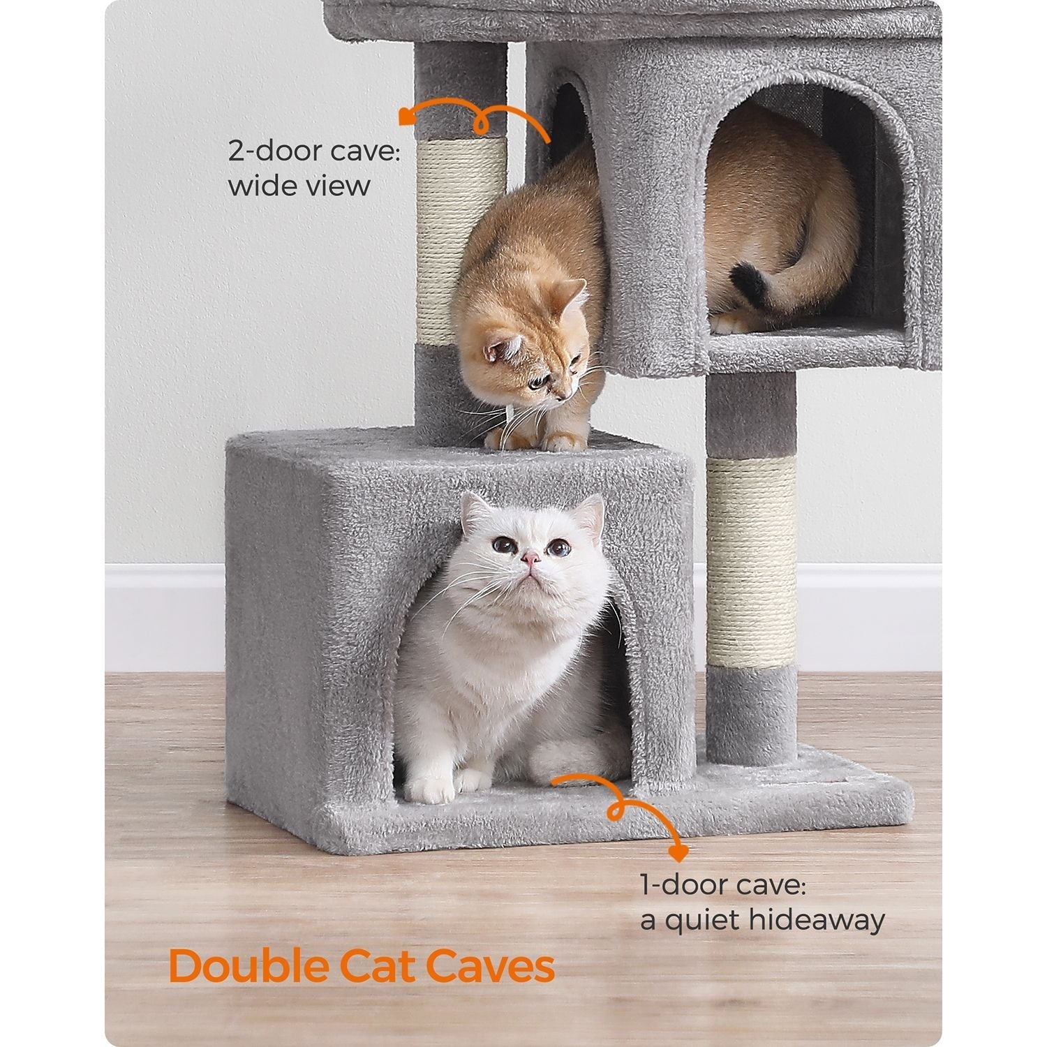 Cat Tree - Engineered Wood - Light Grey - Includes 2 Cat Caves and Scratching Post