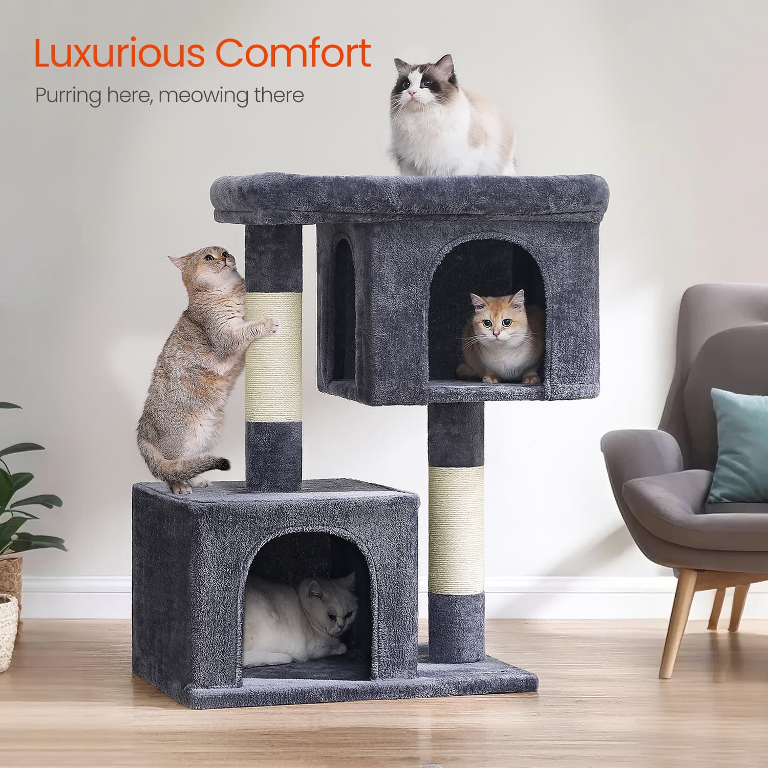 Cat Tree - Engineered Wood - Light Grey - Includes Large Perch and Plush Condos