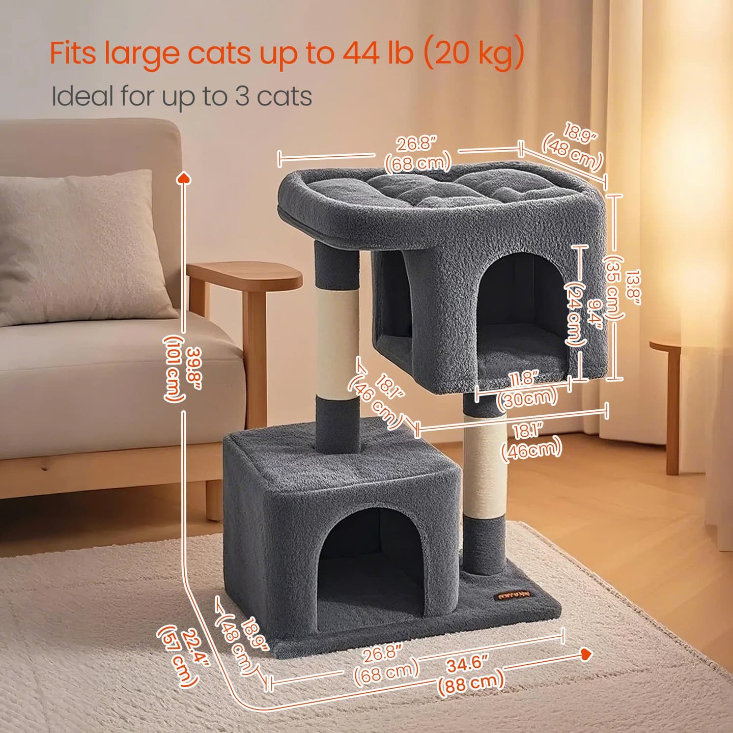 Cat Tree - Engineered Wood - Light Grey - Includes Large Perch and Plush Condos