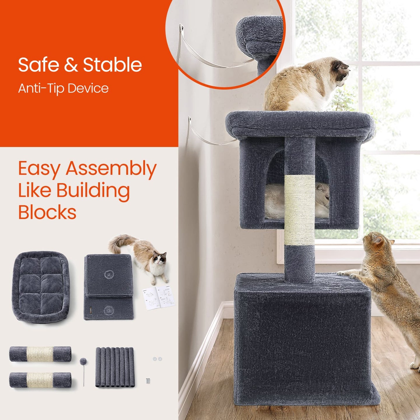 Cat Tree - Engineered Wood - Light Grey - Includes Large Perch and Plush Condos