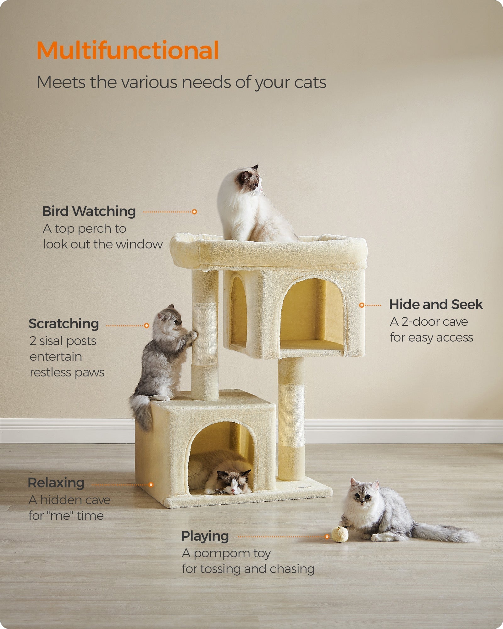 Cat Tree - Wood - Beige - Tall with Scratching Posts and Condos