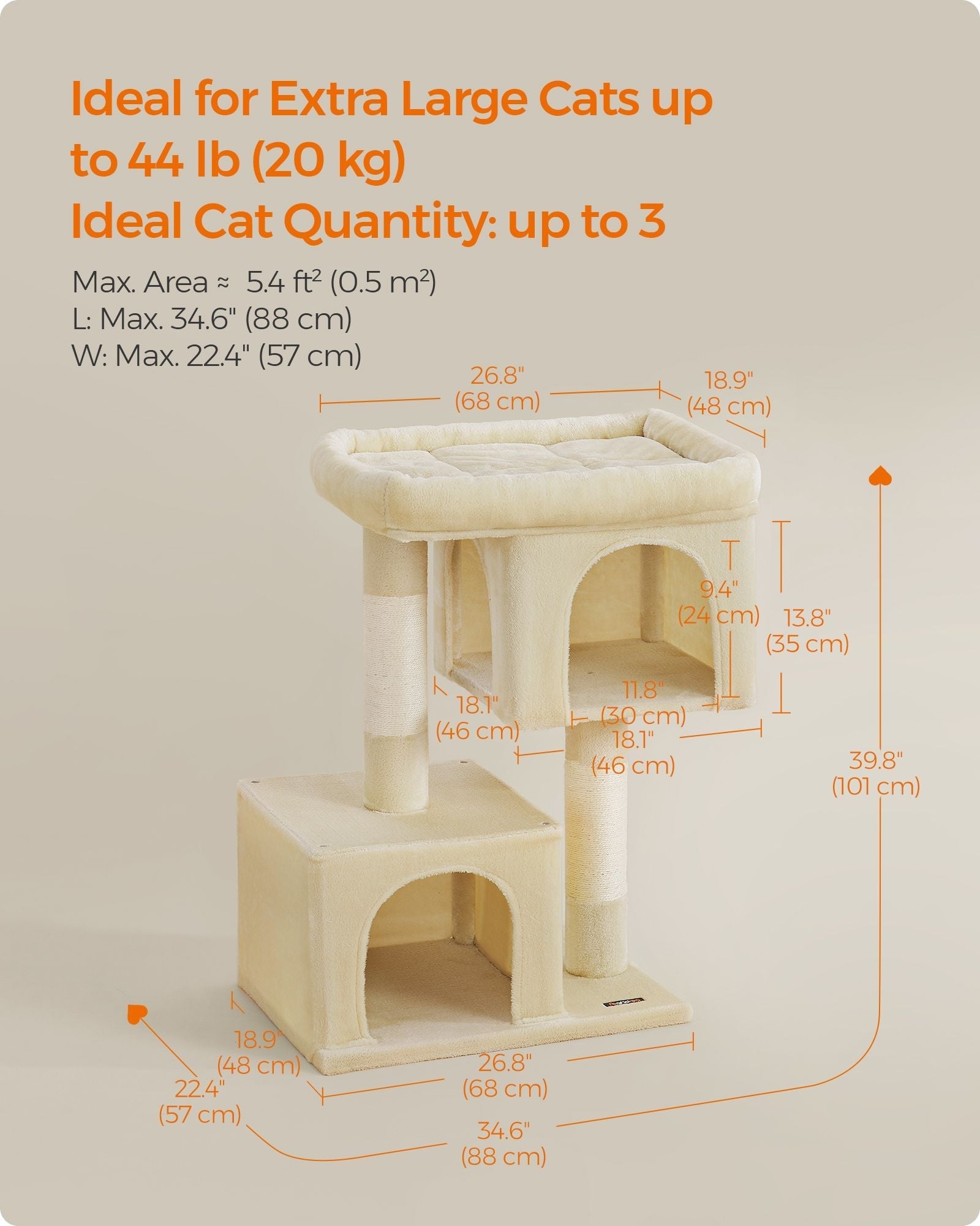Cat Tree - Wood - Beige - Tall with Scratching Posts and Condos