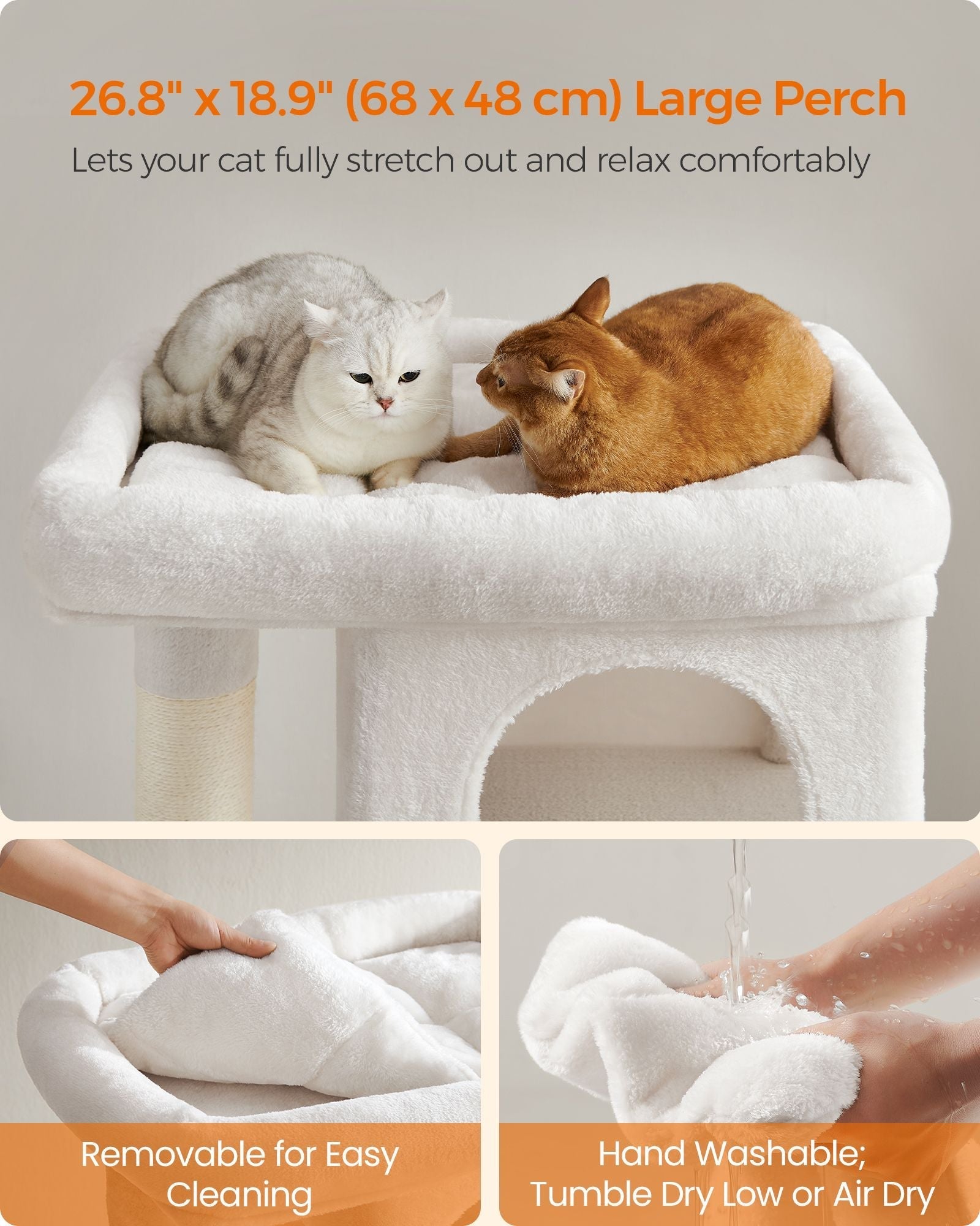 Cat Tree - Engineered Wood - Cream White - Features Cat Caves and Sisal-Covered Scratching Posts