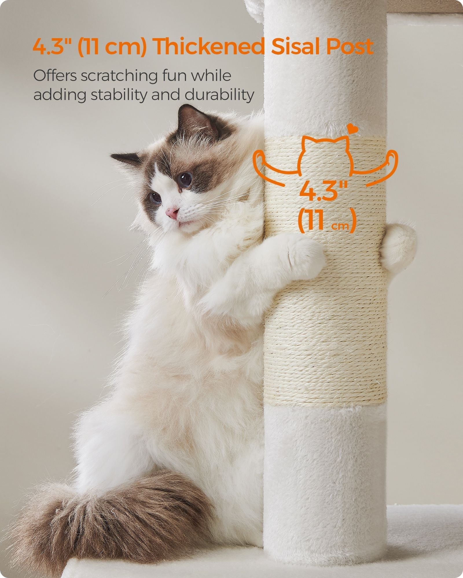 Cat Tree - Engineered Wood - Cream White - Features Cat Caves and Sisal-Covered Scratching Posts