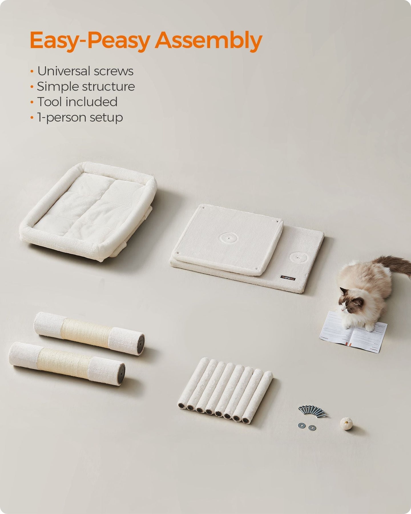 Cat Tree - Engineered Wood - Cream White - Features Cat Caves and Sisal-Covered Scratching Posts