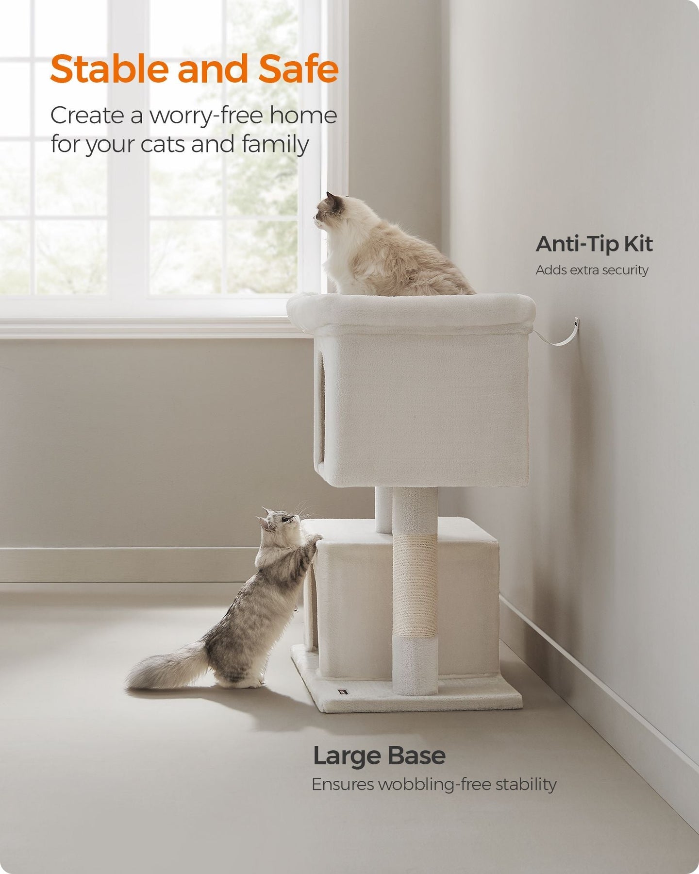 Cat Tree - Engineered Wood - Cream White - Features Cat Caves and Sisal-Covered Scratching Posts