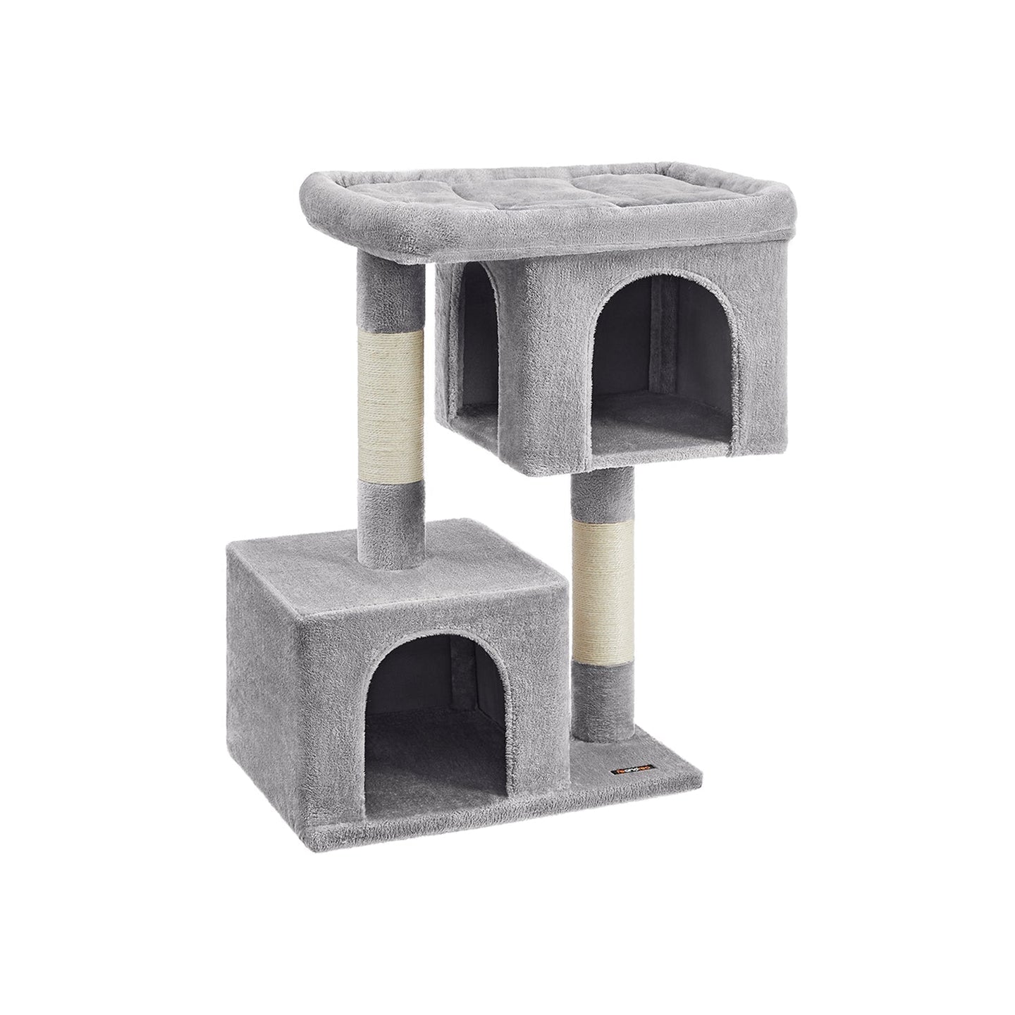 Cat Tower - Wood - Light Grey - Features 2 Cat Caves and Scratching Posts