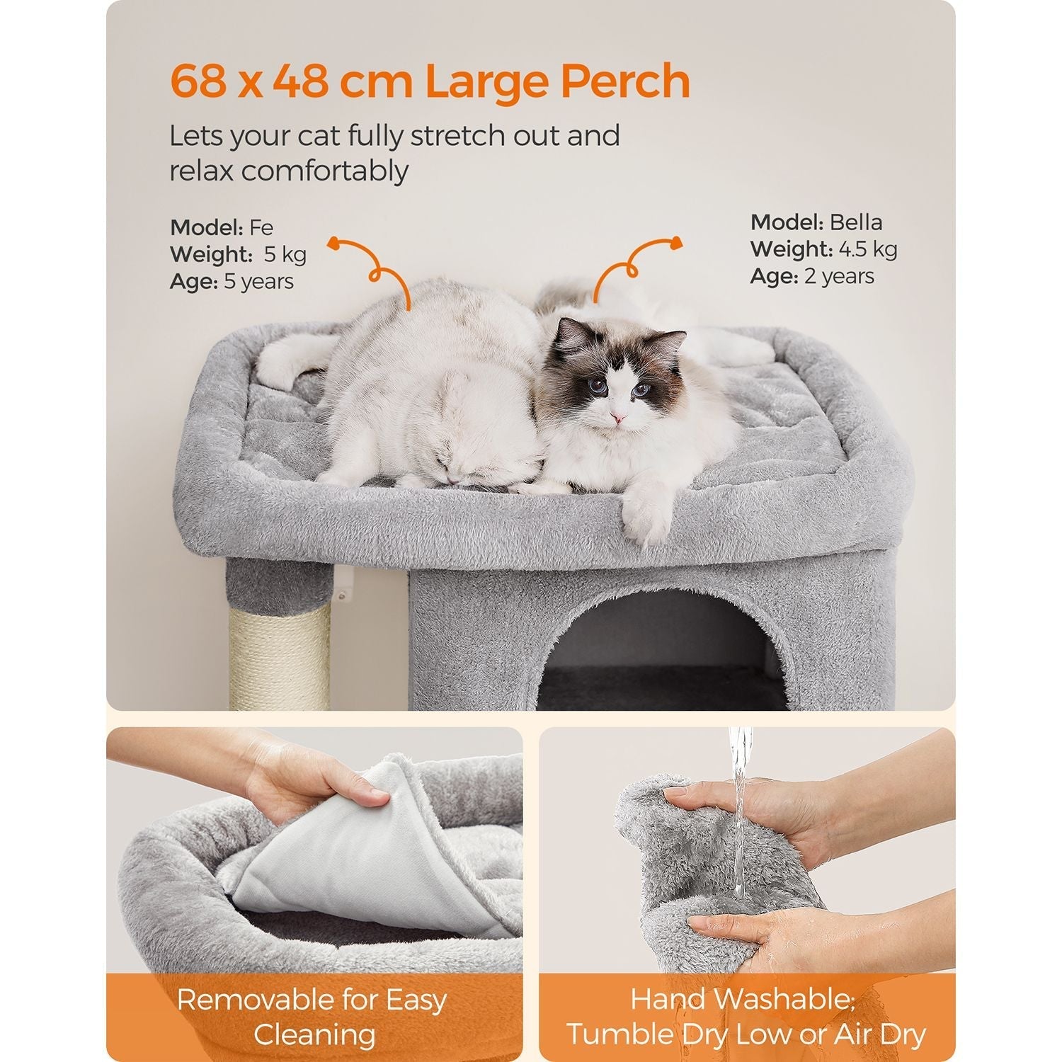 Cat Tower - Wood - Light Grey - Features 2 Cat Caves and Scratching Posts
