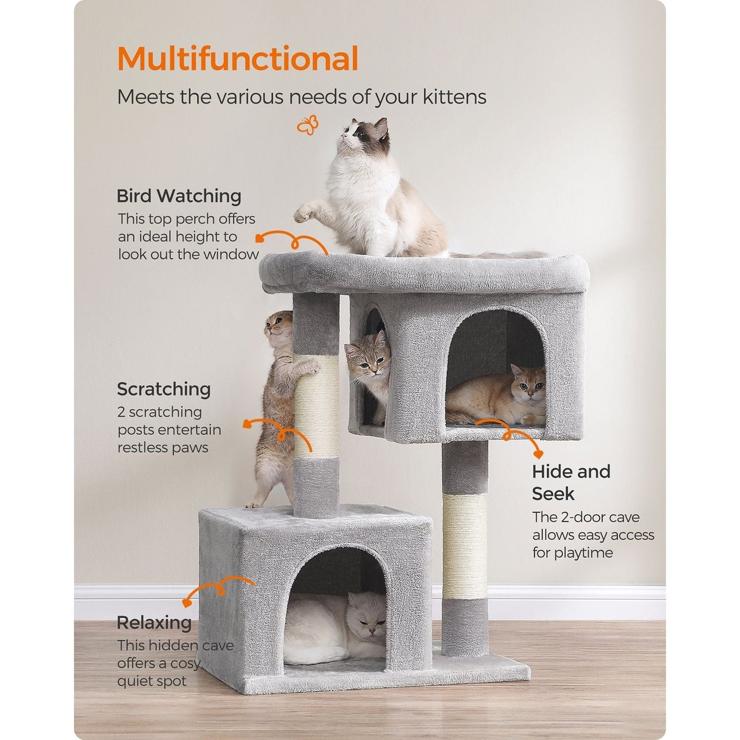 Cat Tower - Wood - Light Grey - Features 2 Cat Caves and Scratching Posts