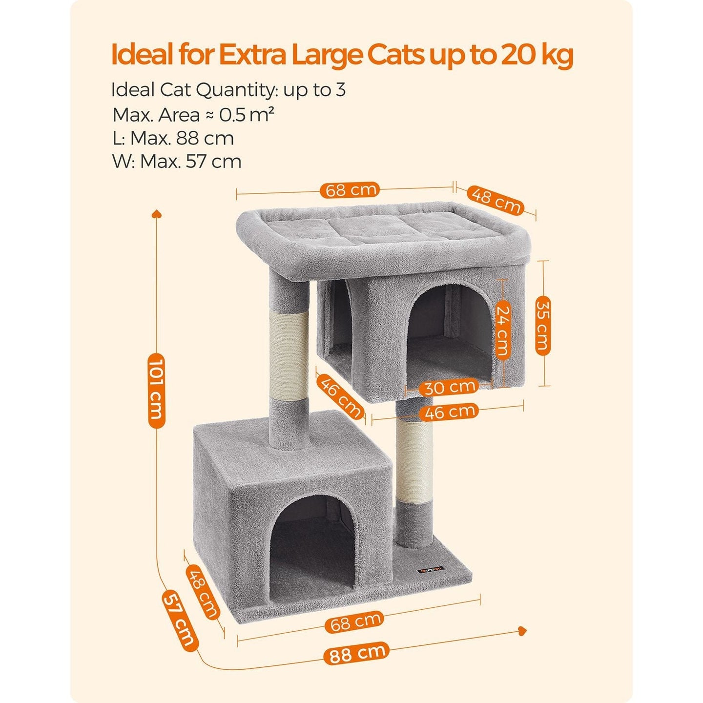 Cat Tower - Wood - Light Grey - Features 2 Cat Caves and Scratching Posts