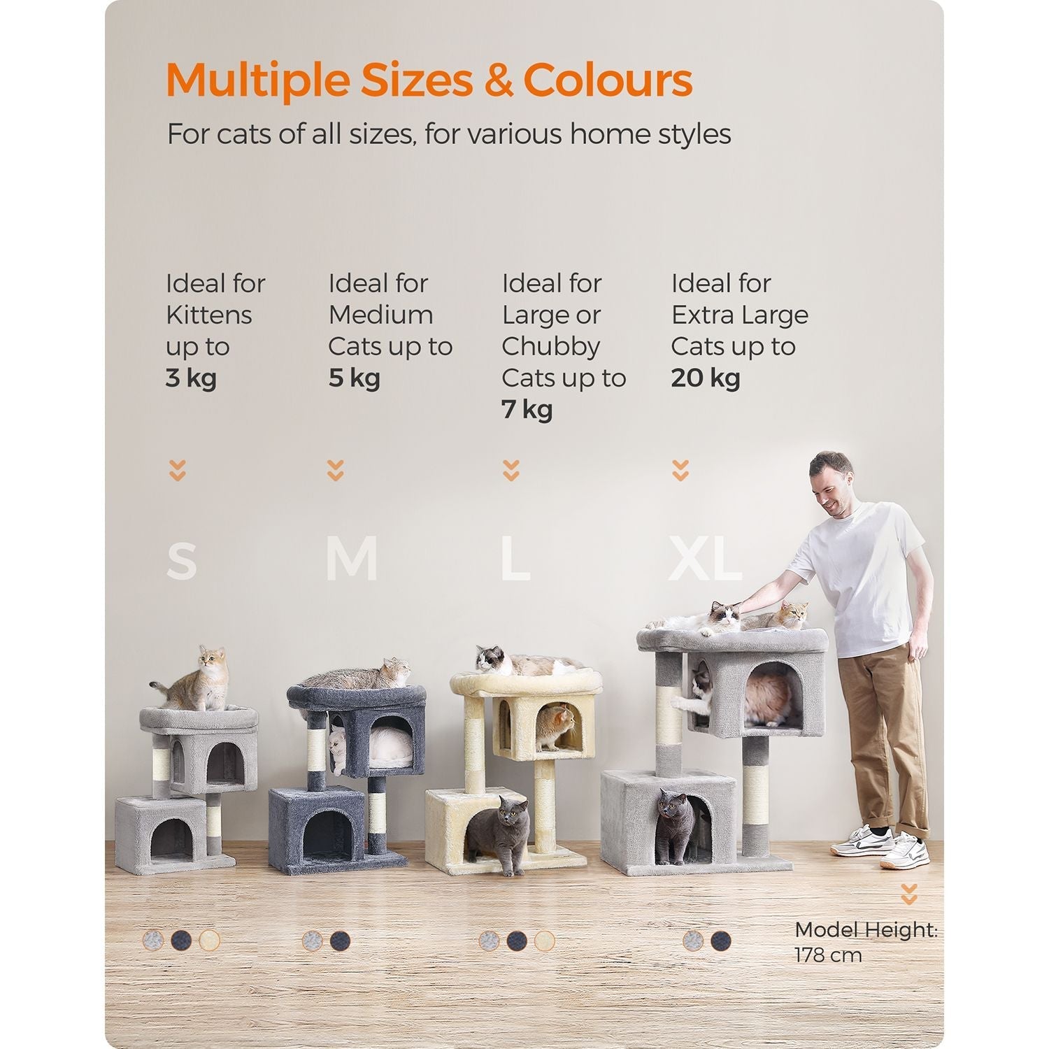 Cat Tower - Wood - Light Grey - Features 2 Cat Caves and Scratching Posts