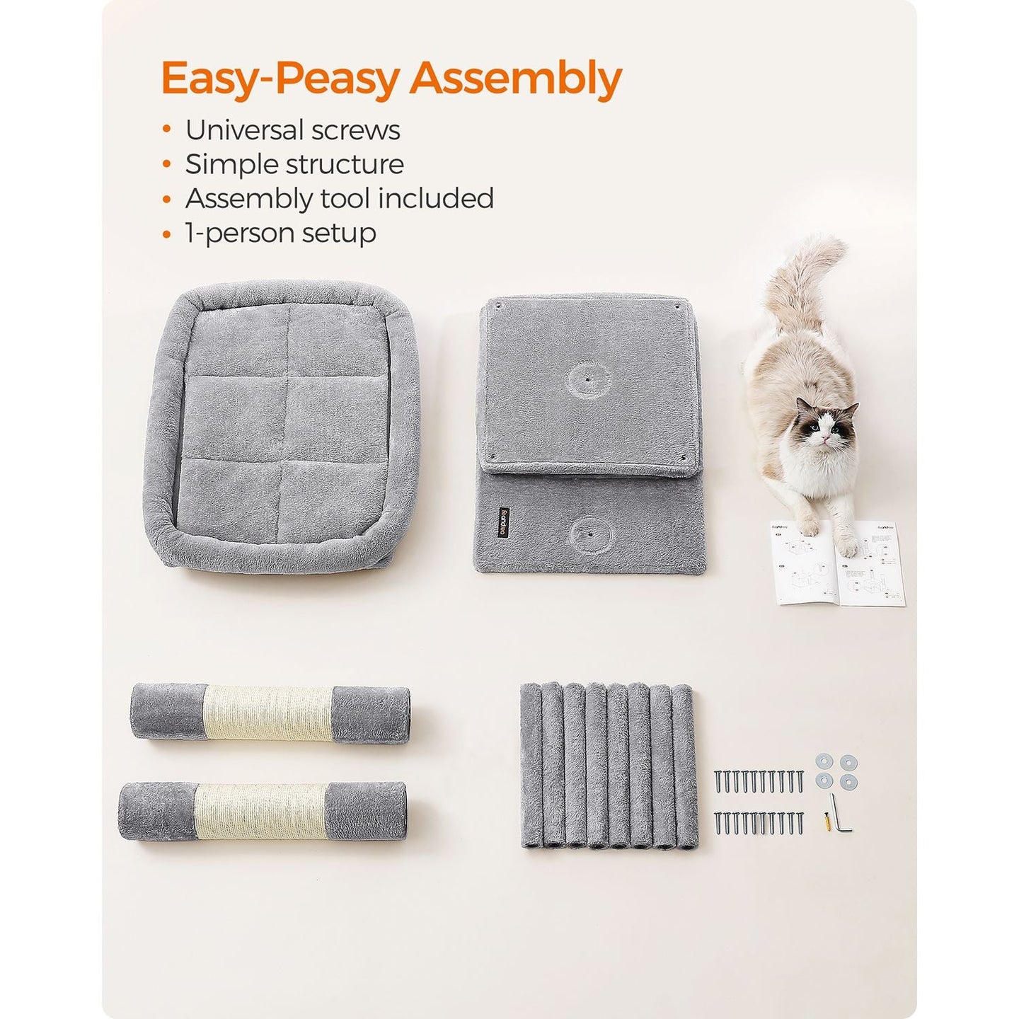 Cat Tower - Wood - Light Grey - Features 2 Cat Caves and Scratching Posts