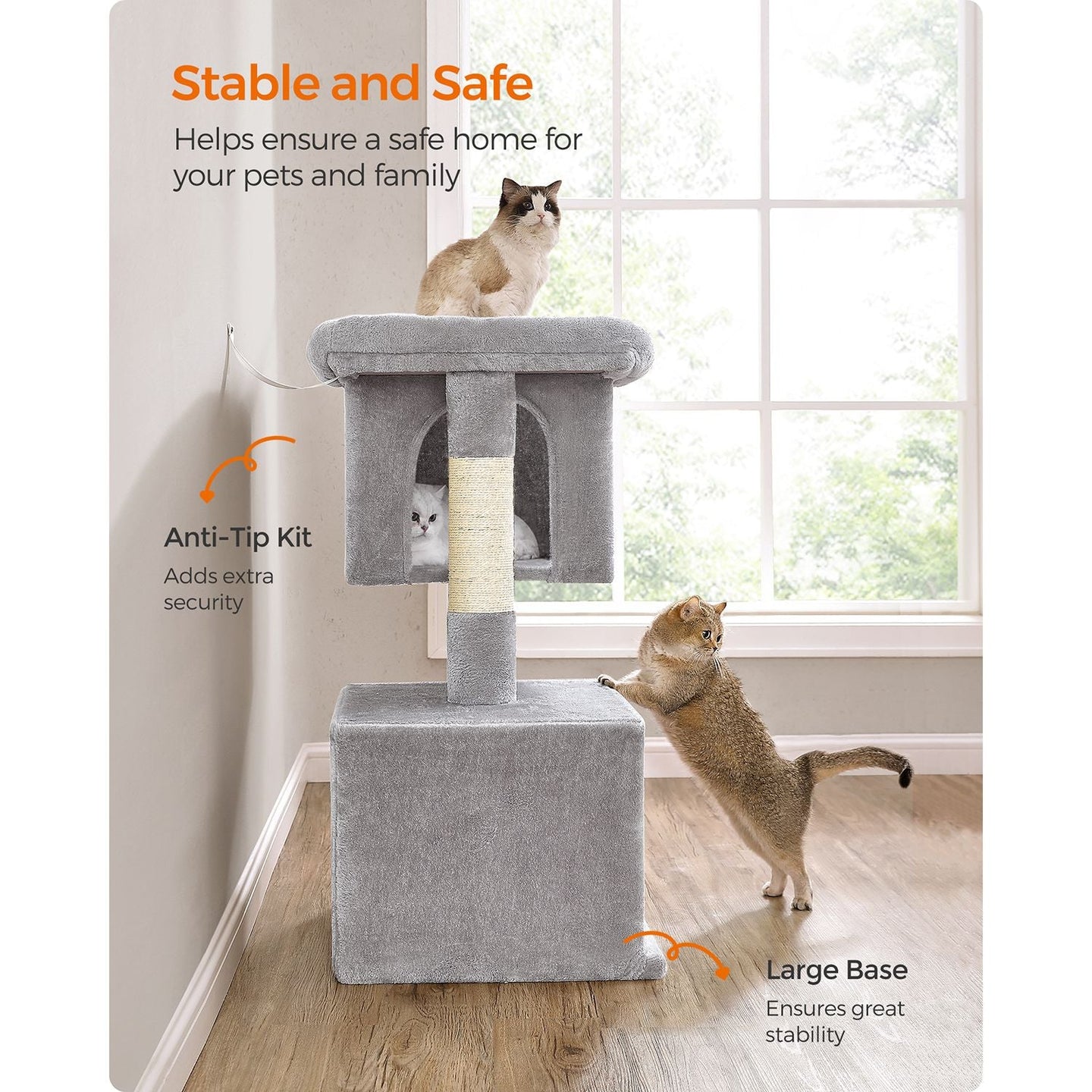 Cat Tower - Wood - Light Grey - Features 2 Cat Caves and Scratching Posts
