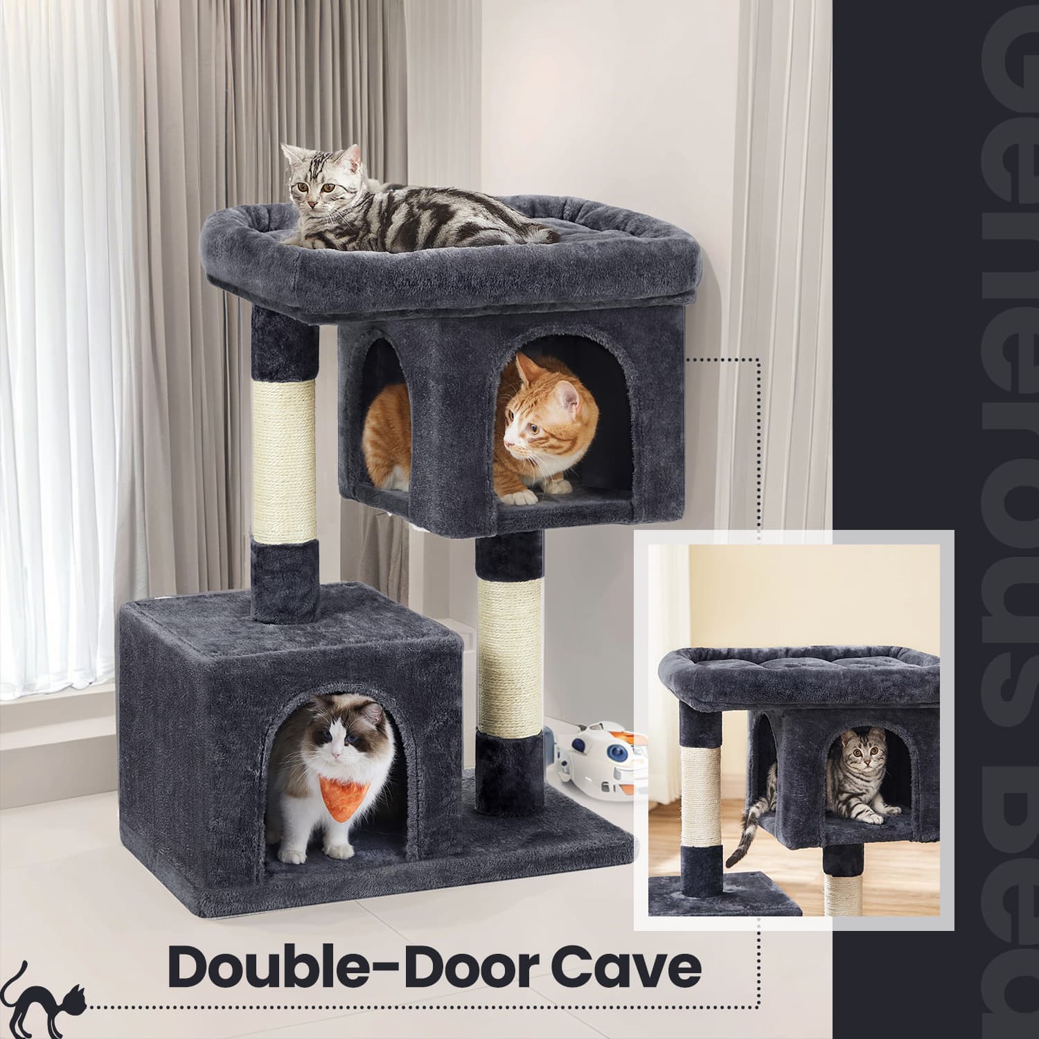 Cat Tree - Wood - Light Grey - Large Perch with Two Cat Caves and Scratching Post