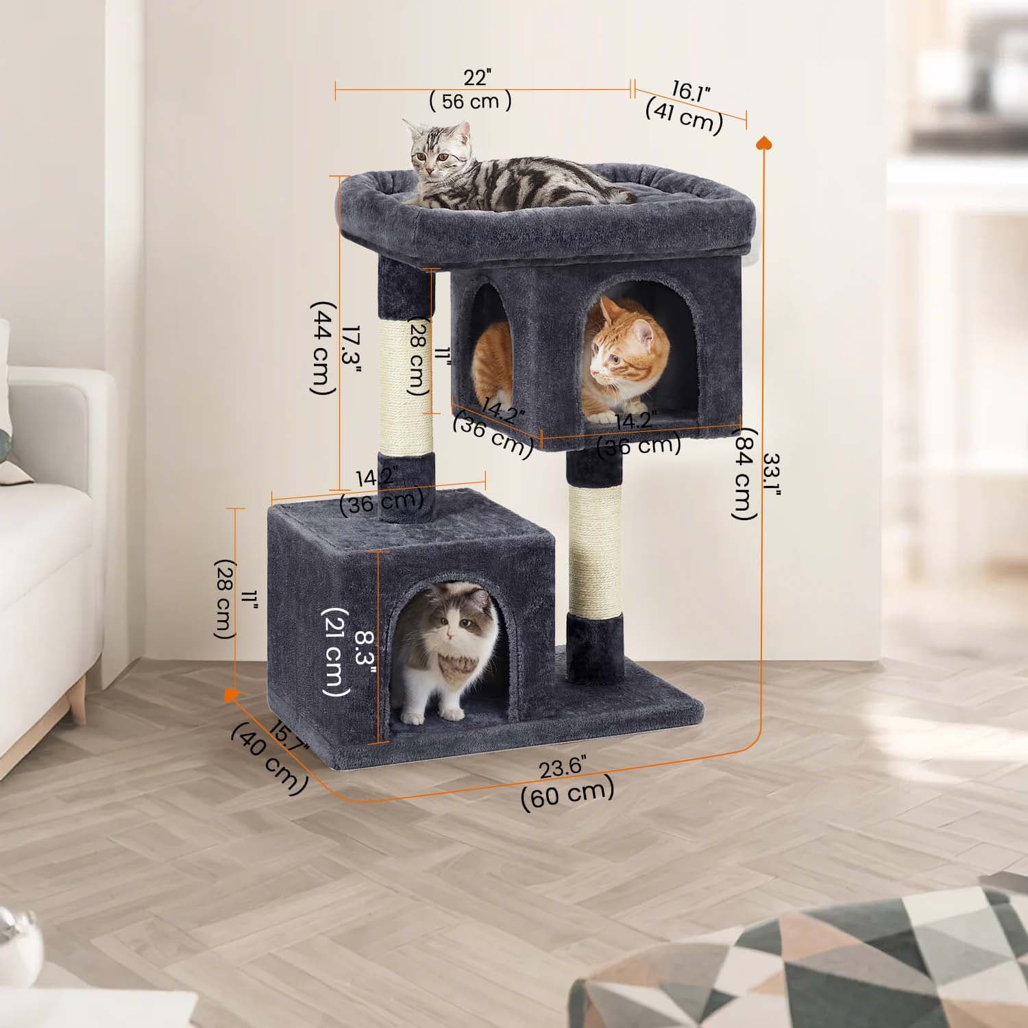 Cat Tree - Wood - Light Grey - Large Perch with Two Cat Caves and Scratching Post