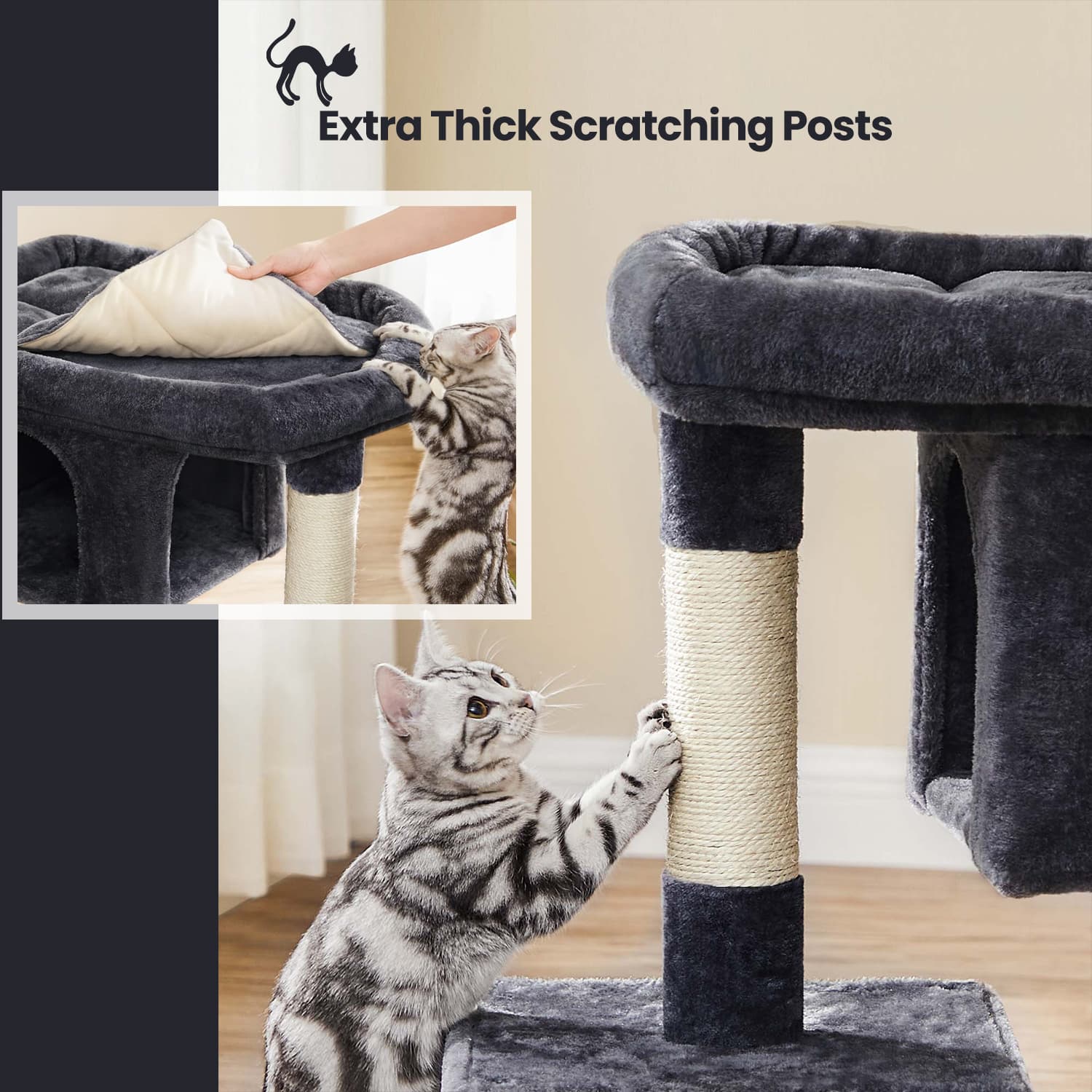 Cat Tree - Wood - Light Grey - Large Perch with Two Cat Caves and Scratching Post