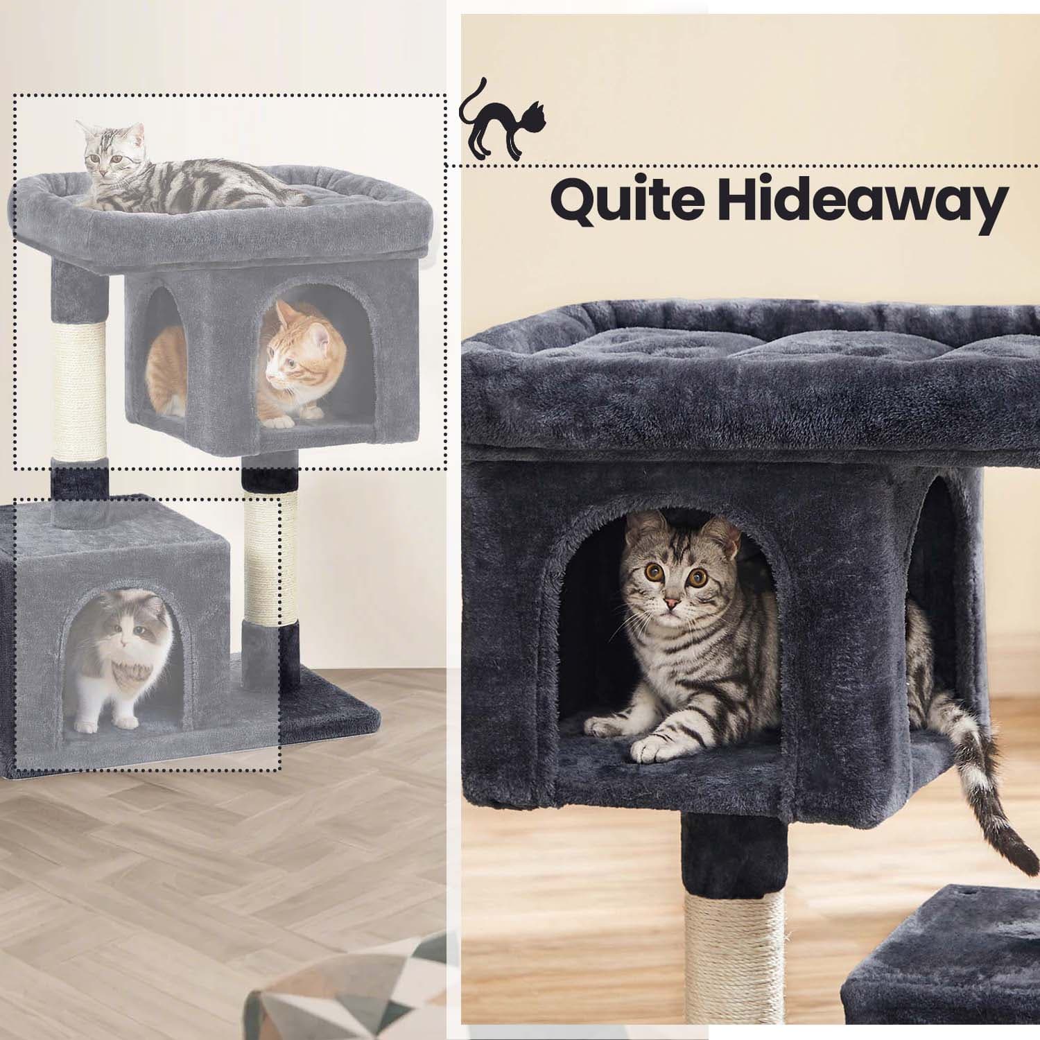 Cat Tree - Wood - Light Grey - Large Perch with Two Cat Caves and Scratching Post